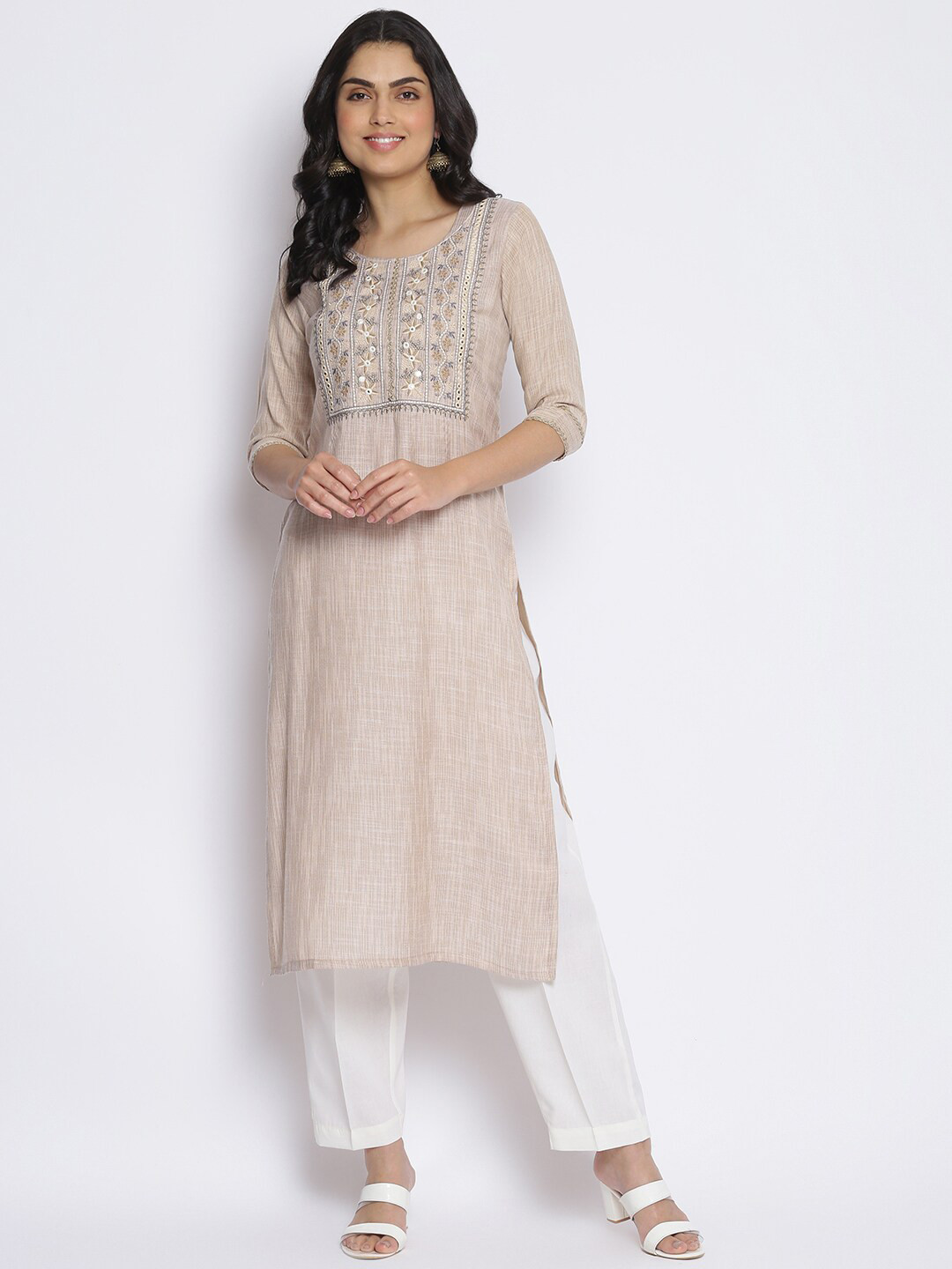

MIKHAD Floral Yoke Design Mirror Work Pure Cotton Kurta, Khaki