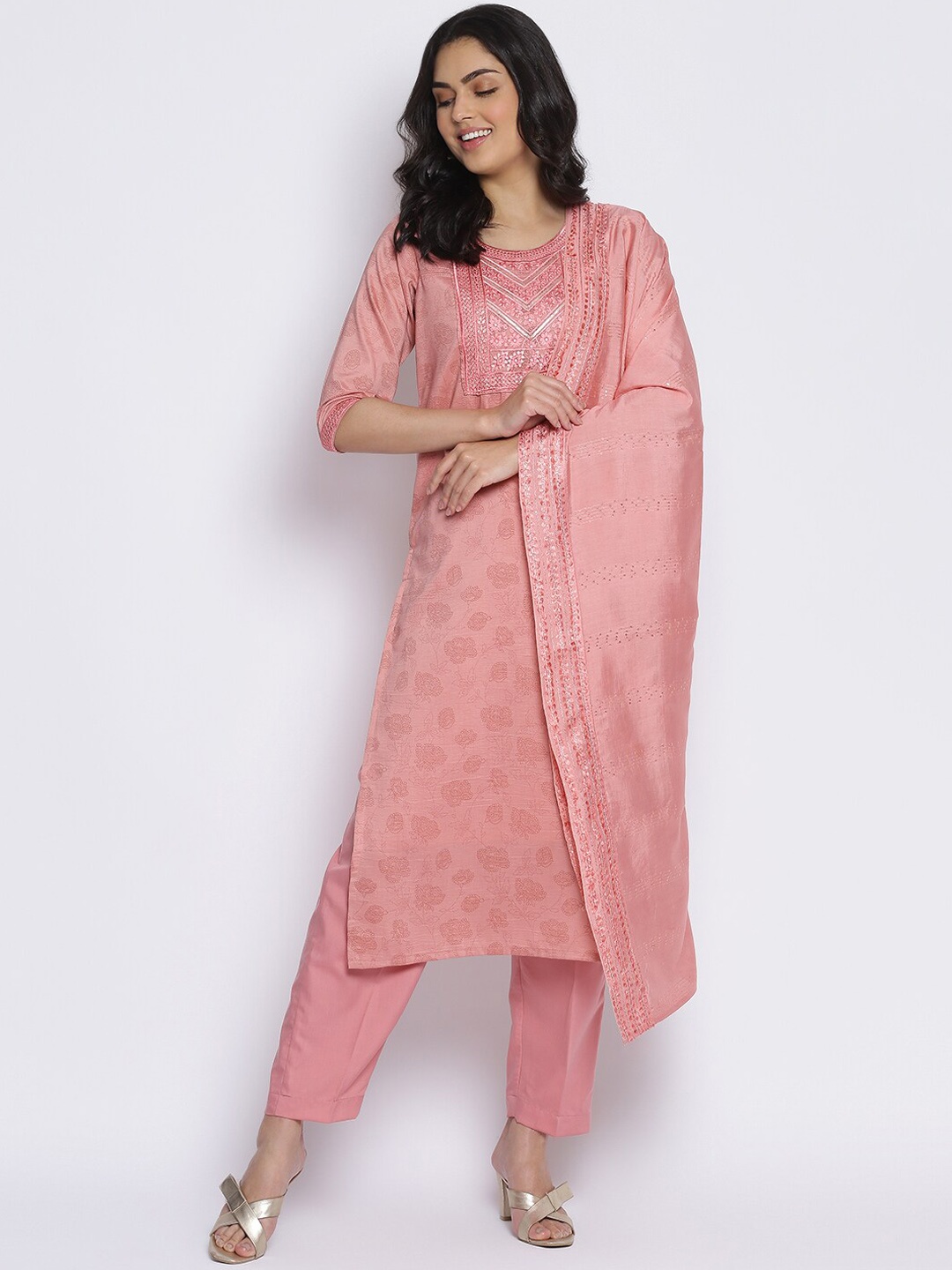 

MIKHAD Floral Printed Sequinned Pure Cotton Kurta, Pink