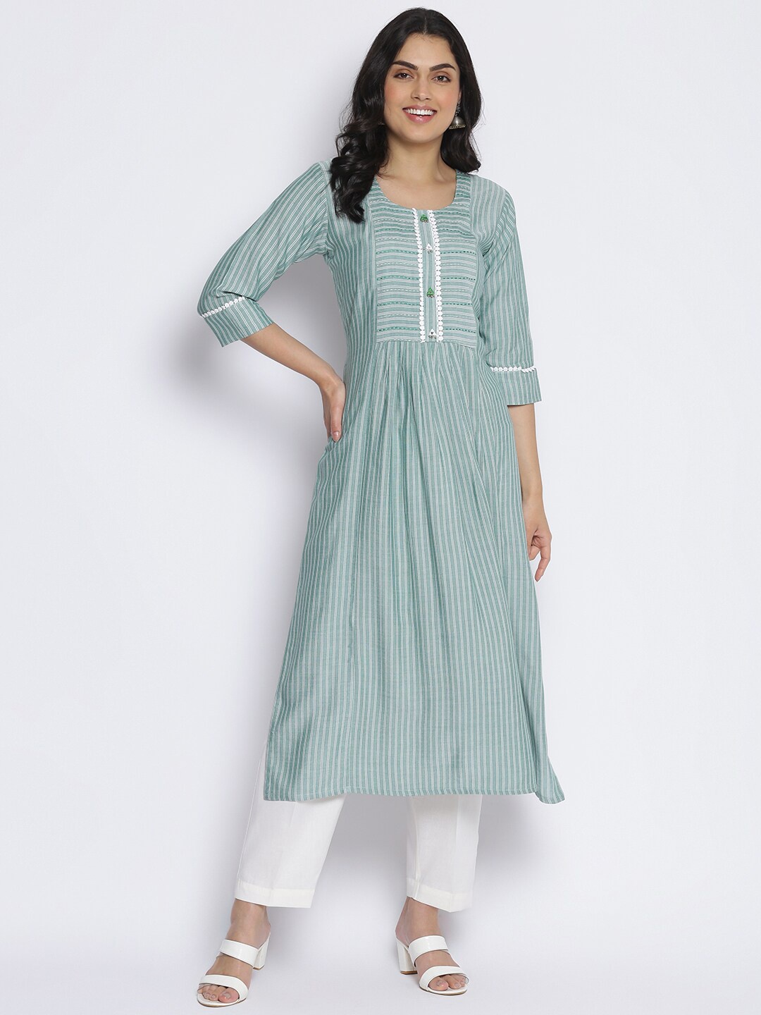 

MIKHAD Striped Thread Work Pure Cotton Kurta, Teal