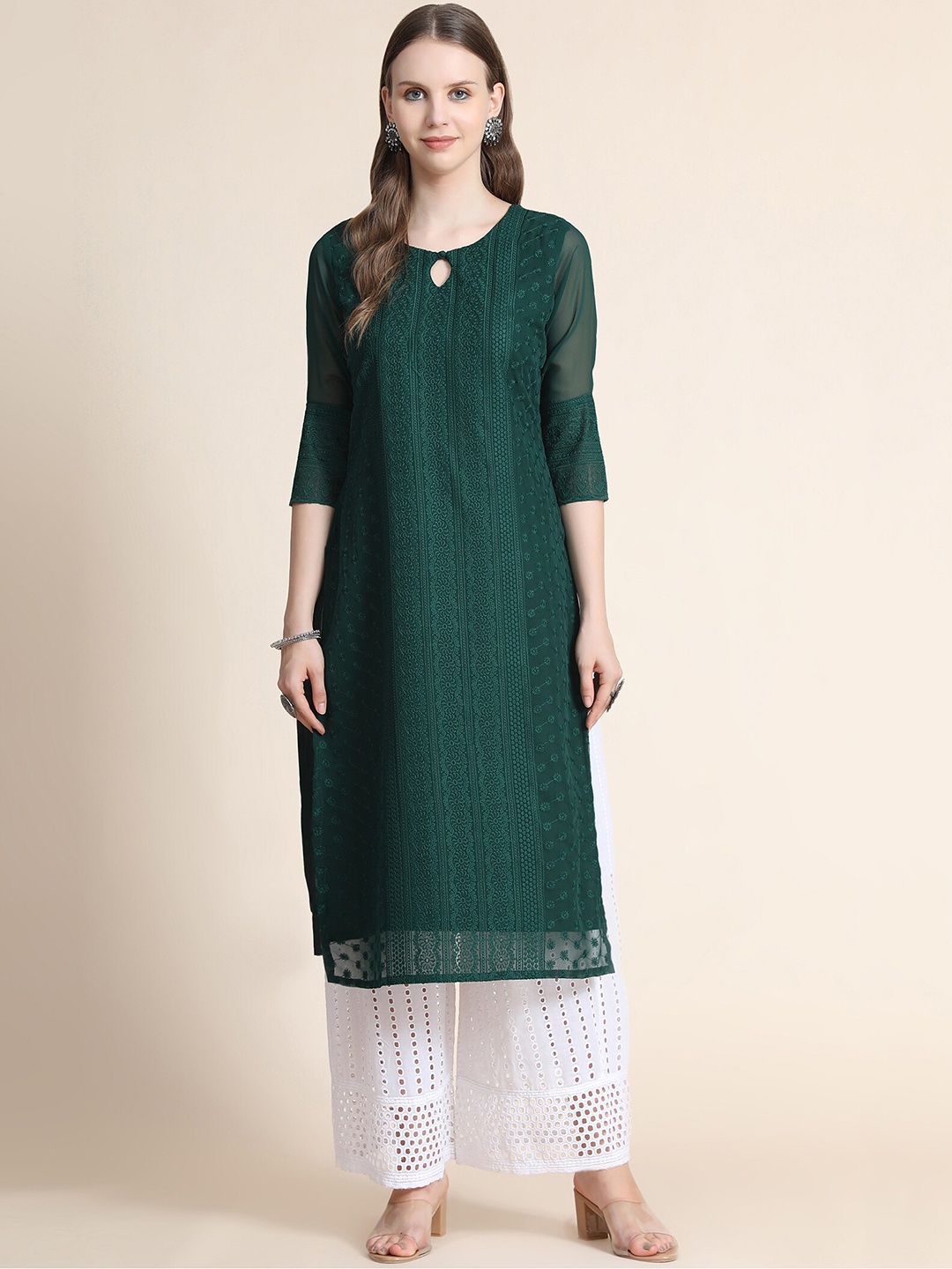 

KALINI Ethnic Motifs Embroidered Chikankari Georgette Kurta, Green