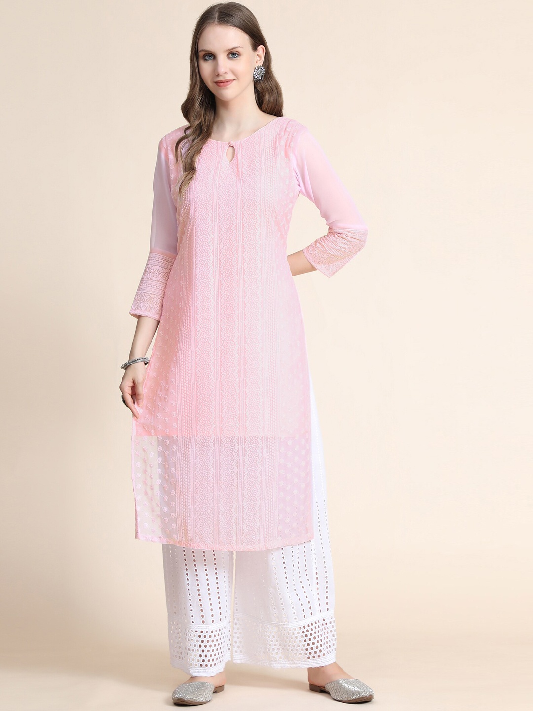 

KALINI Ethnic Motifs Embroidered Chikankari Georgette Kurta, Pink