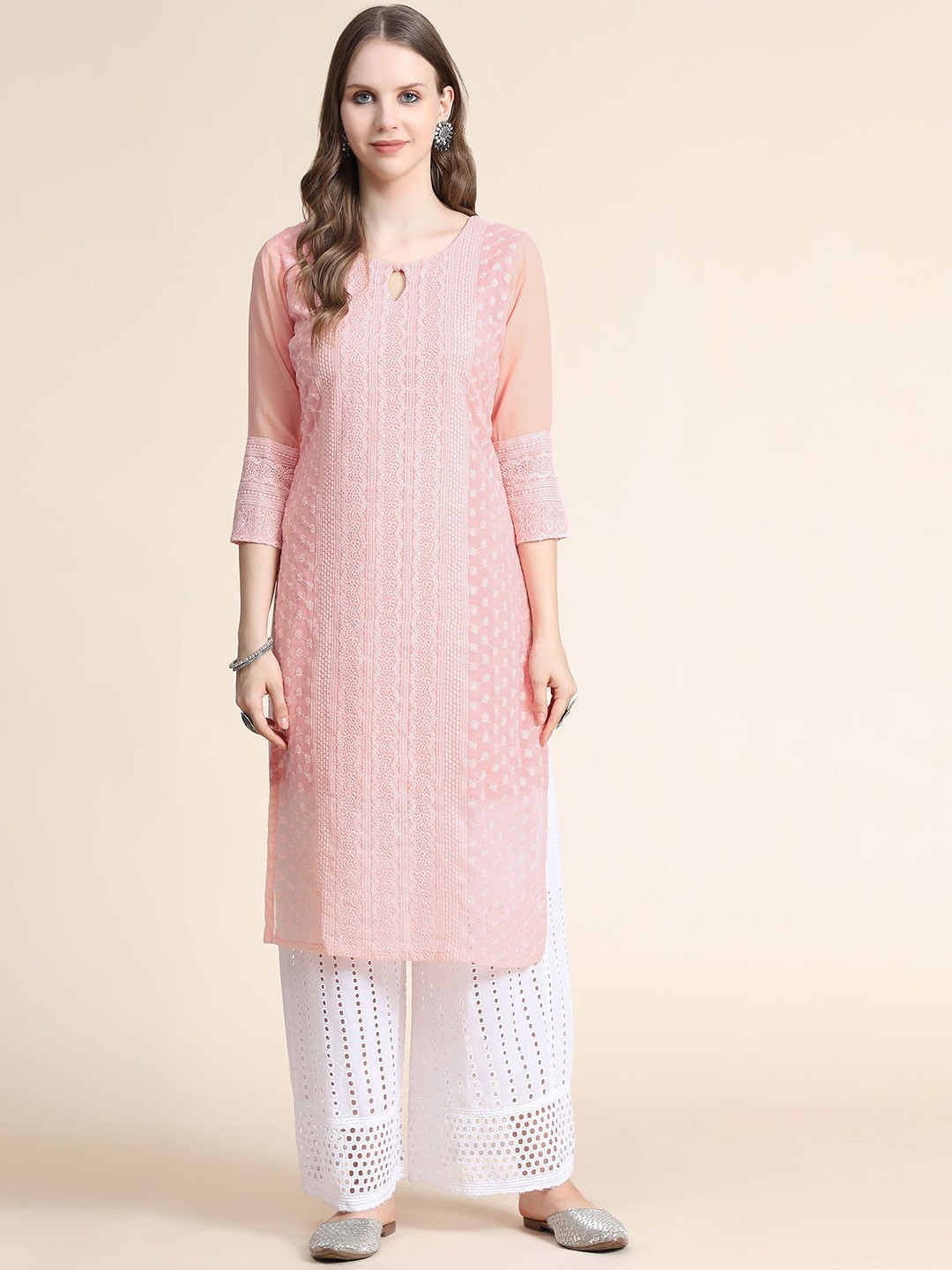 

KALINI Ethnic Motifs Embroidered Chikankari Georgette Kurta, Peach