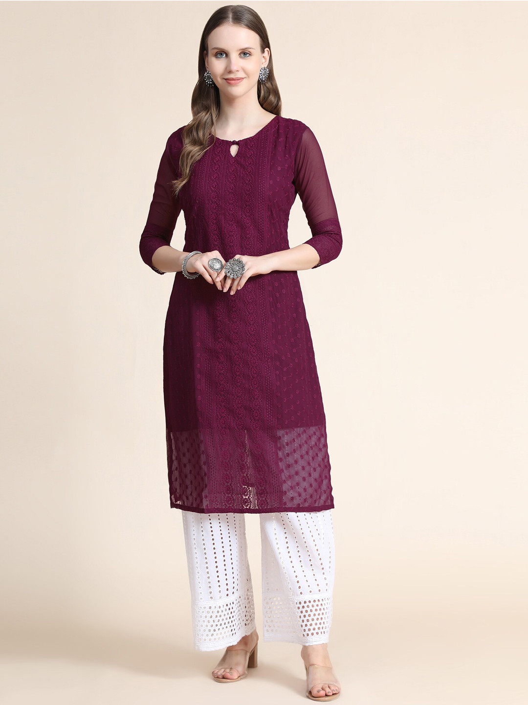

KALINI Ethnic Motifs Embroidered Chikankari Georgette Kurta, Purple