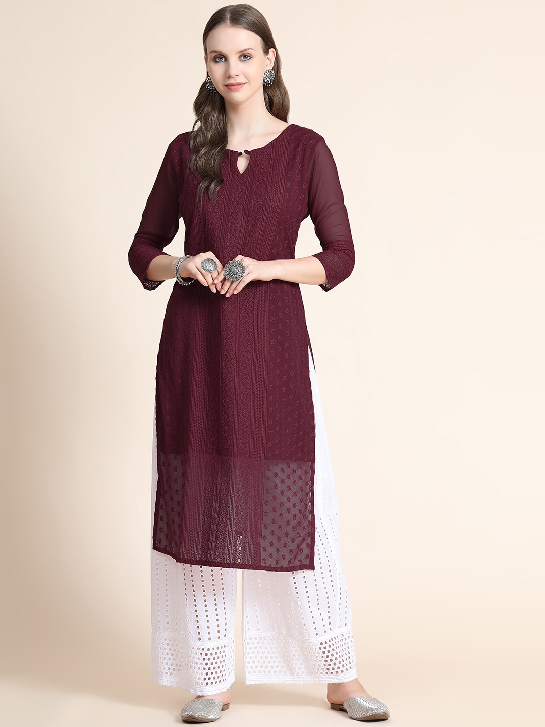 

KALINI Ethnic Motifs Embroidered Chikankari Georgette Kurta, Maroon