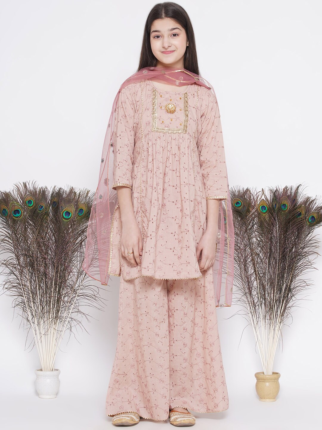 

Little Bansi Girls Embroidered Gotta Patti Pure Cotton Kurti With Palazzos & Dupatta, Pink