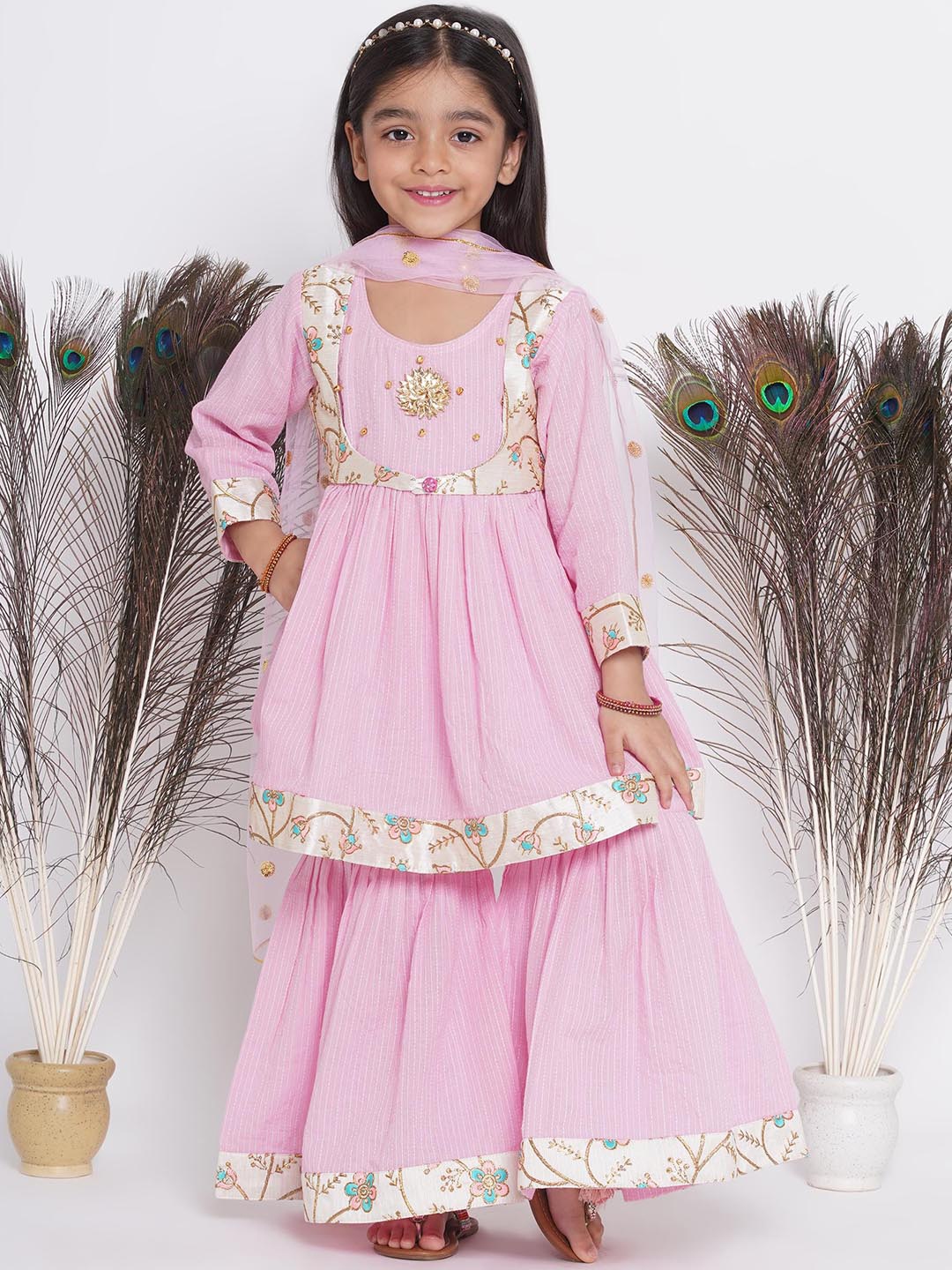 

Little Bansi Girls Floral Embroidered Pure Cotton Kurta with Sharara & Dupatta, Pink