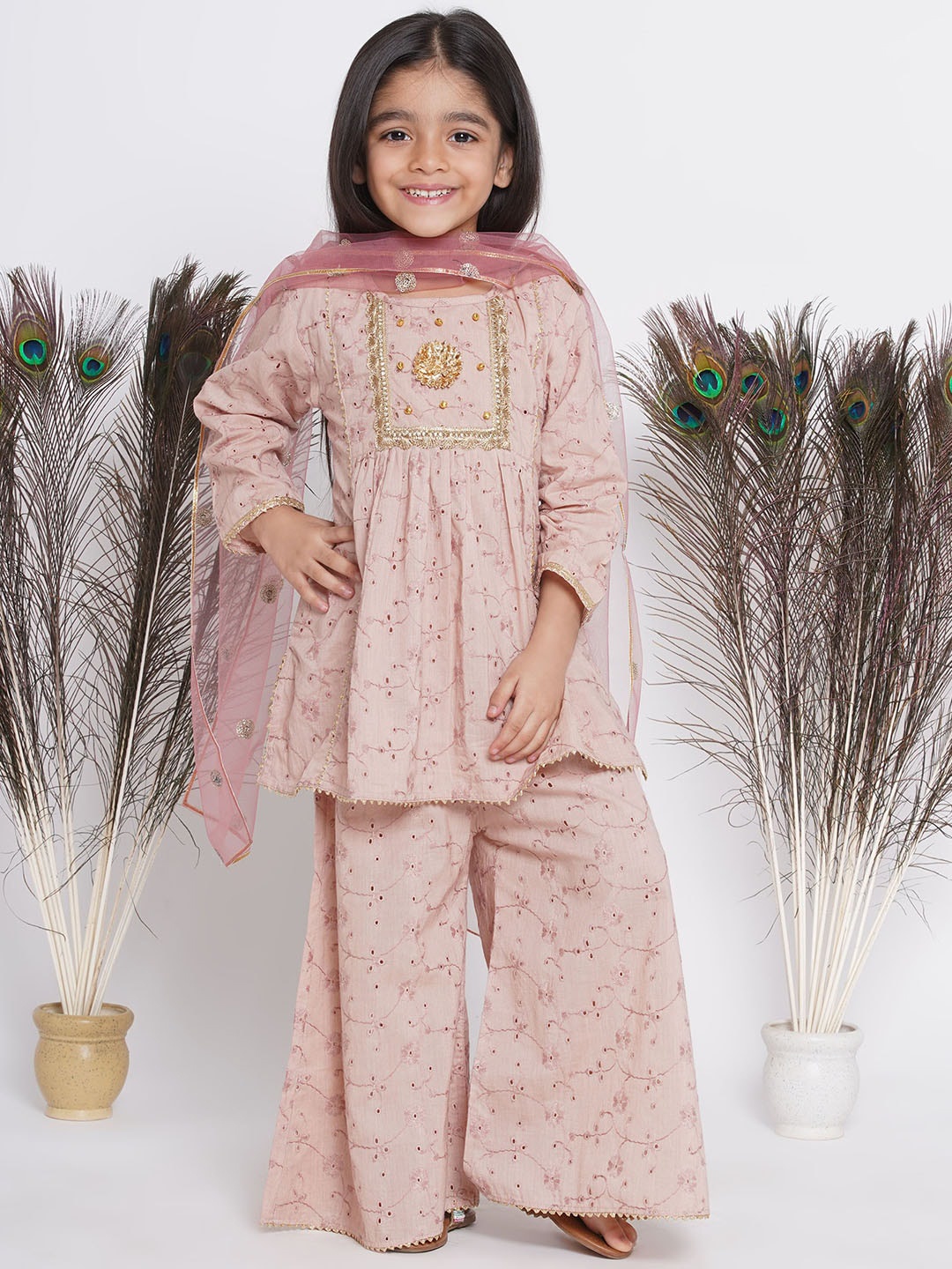 

Little Bansi Girls Self Design Gotta Patti Pure Cotton Kurta with Palazzos & Dupatta, Pink