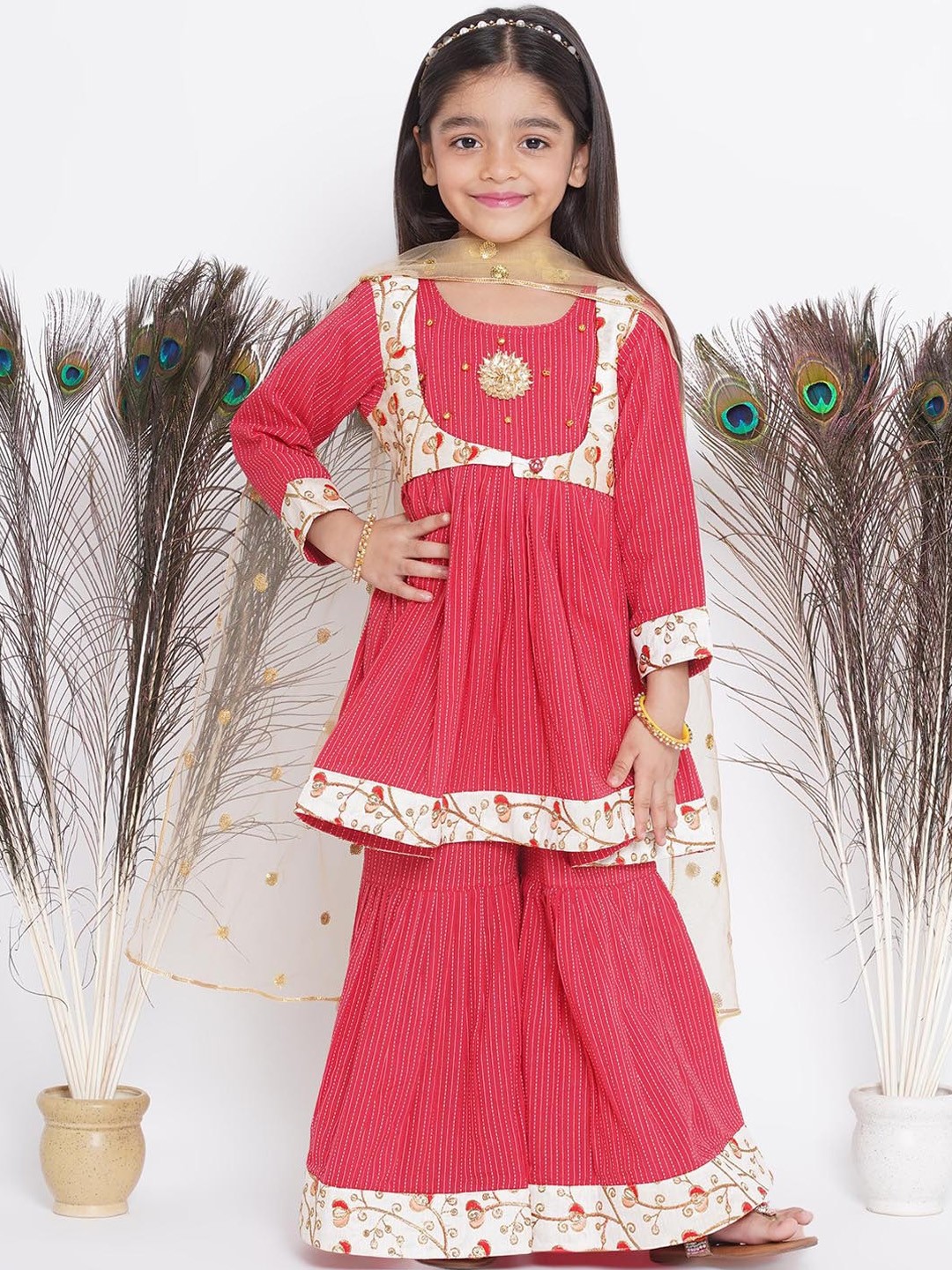 

Little Bansi Girls Floral Embroidered Pure Cotton Kurta with Sharara & Dupatta, Red