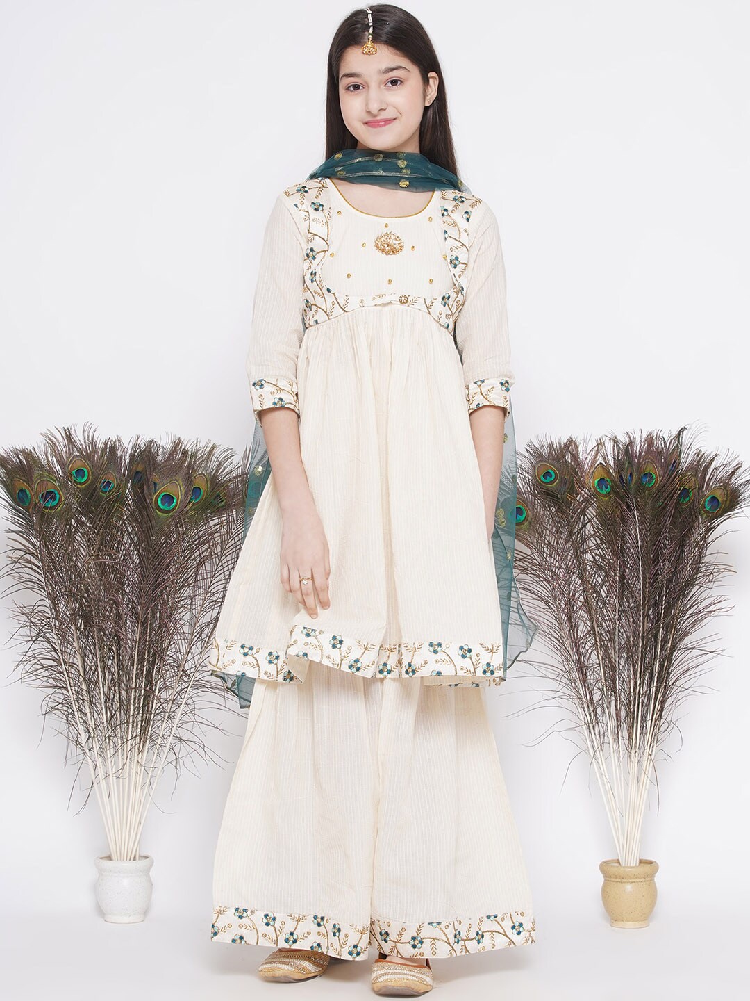 

Little Bansi Girls Thread Work Pure Cotton Kurta with Sharara & Dupatta, Cream