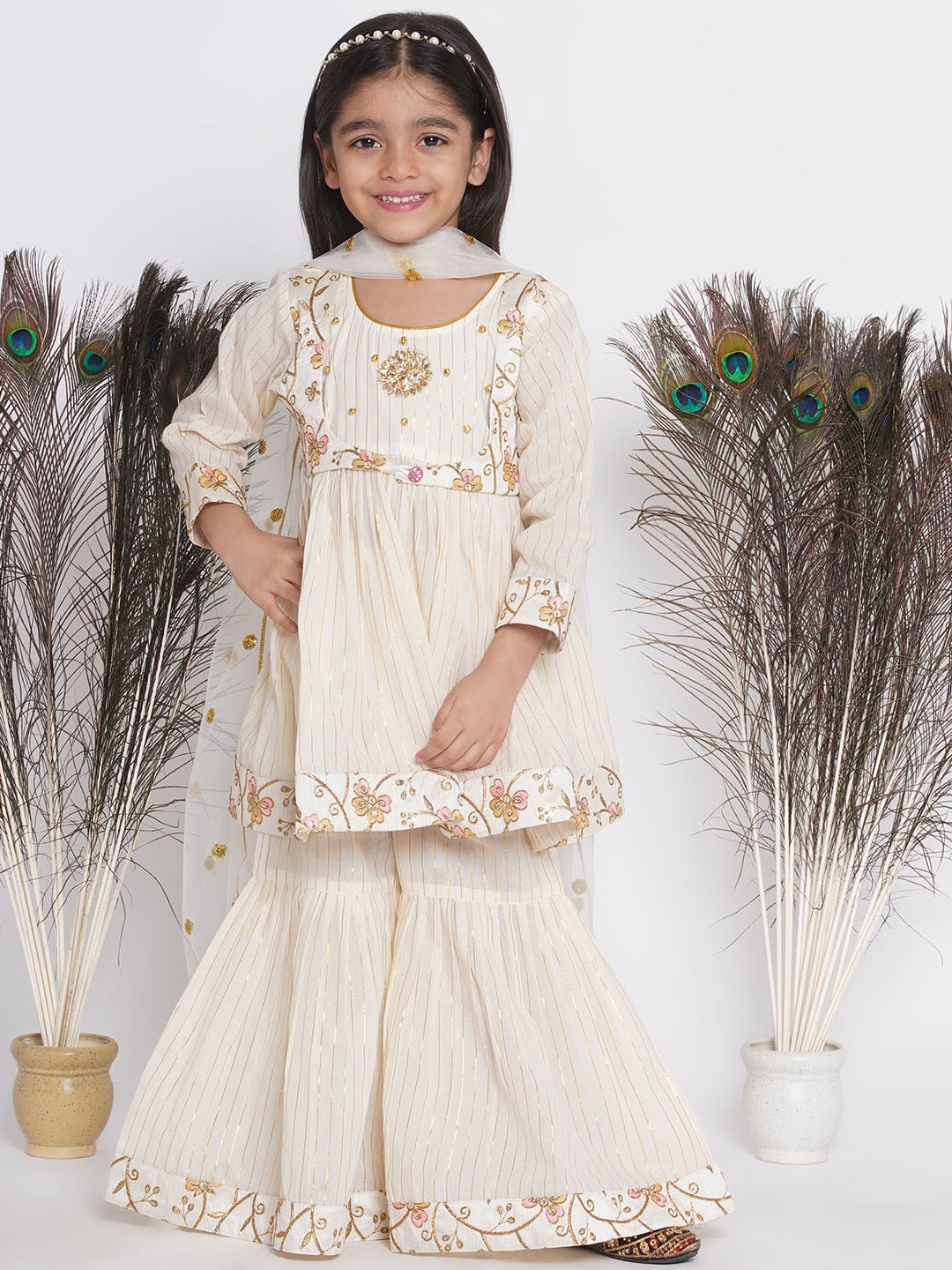 

Little Bansi Girls Striped Thread Work Pure Cotton Kurta with Sharara & Dupatta, Cream