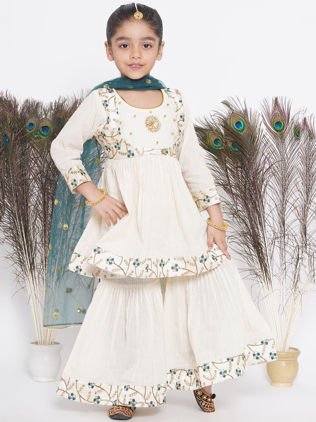 

Little Bansi Girls Embroidered Pure Cotton Kurta With Sharara & Dupatta With Jacket, Cream