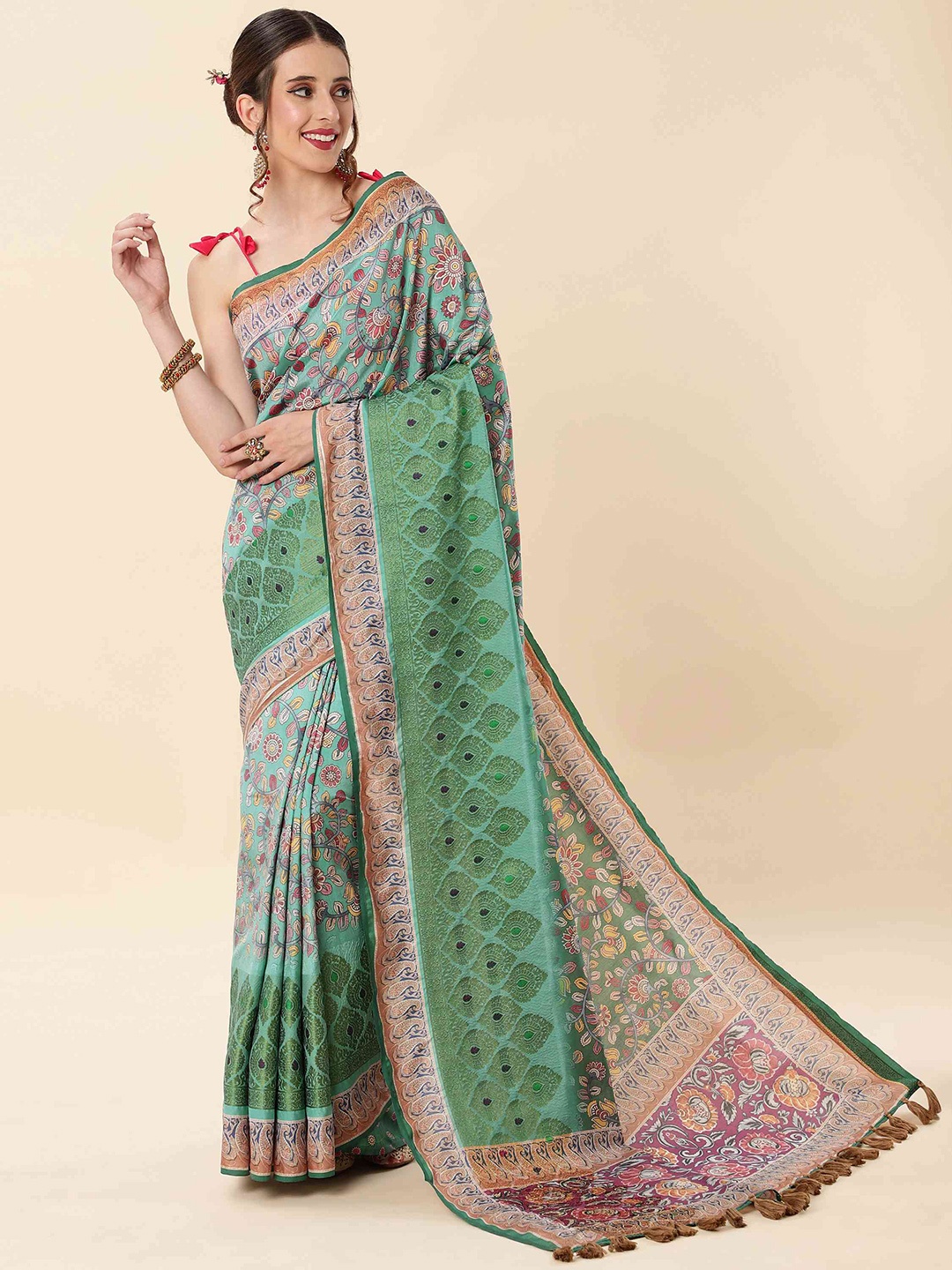 

elora Ethnic Motif Art Silk Bhagalpuri Saree With Tassel, Sea green