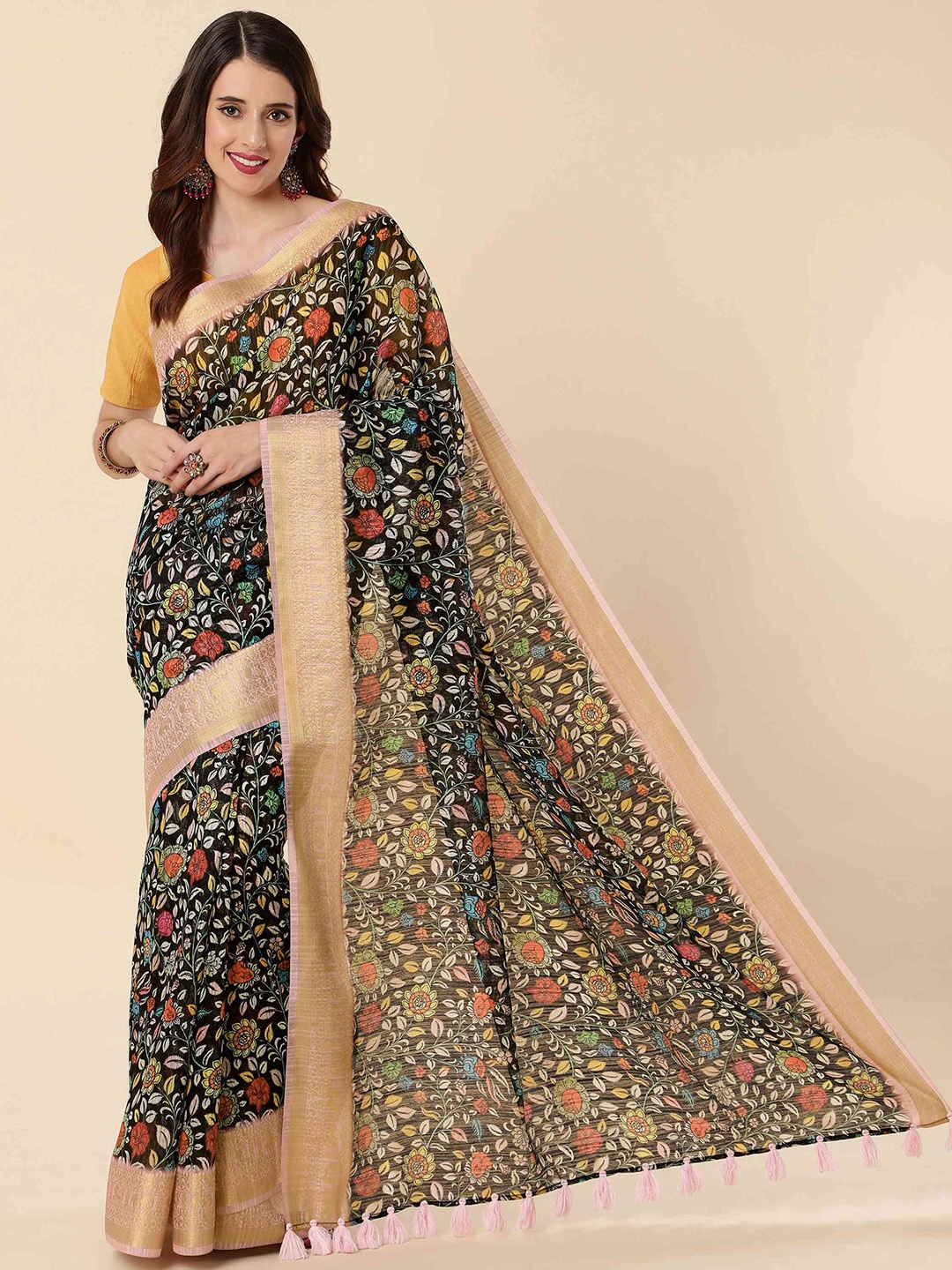 

elora Floral Art Silk Bhagalpuri Zari Saree With Blouse Piece, Black