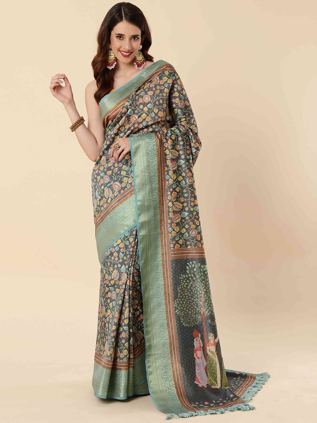 

elora Floral Printed Zari Bhagalpuri Saree, Grey