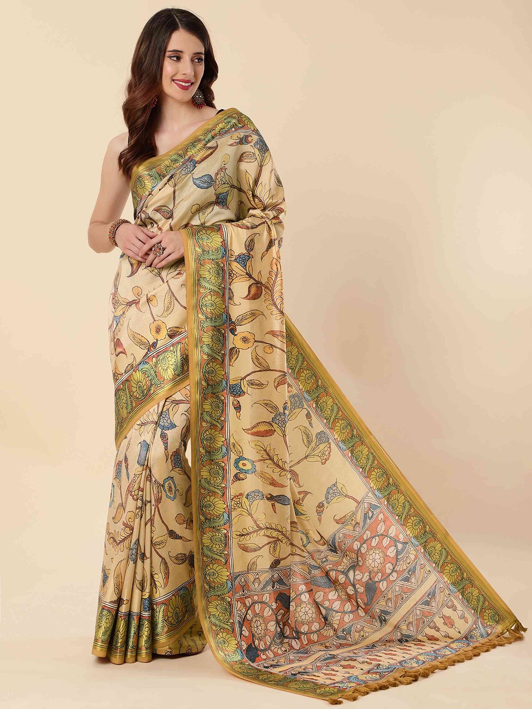 

elora Floral Printed Bhagalpuri Saree, Beige