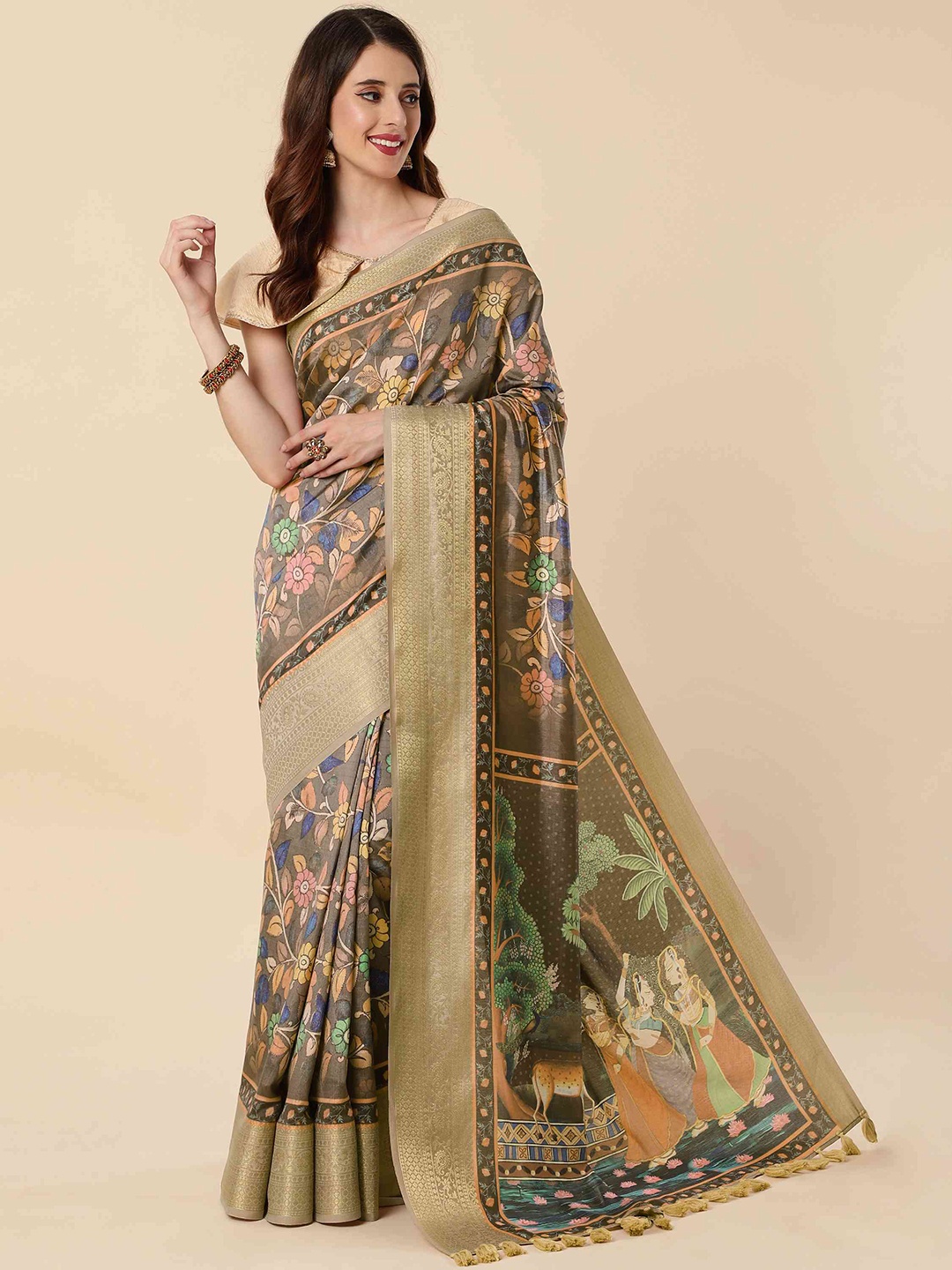 

elora Kalamkari Art Silk Bhagalpuri Zari Saree With Tassel, Grey