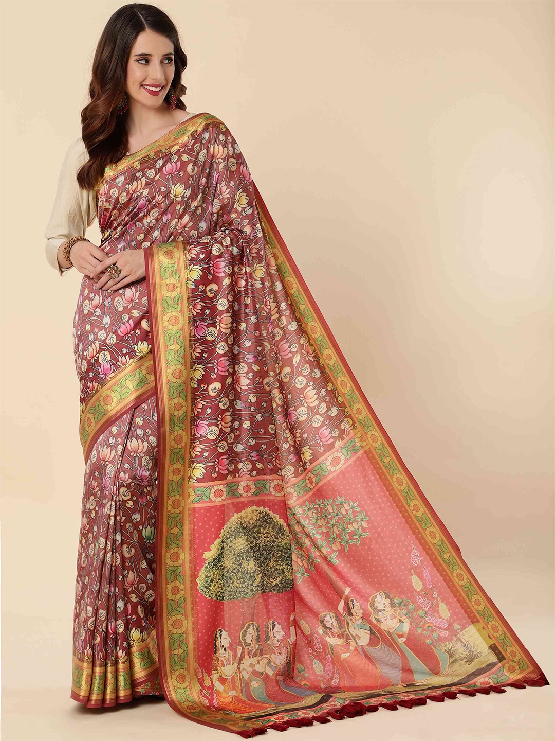 

elora Floral Zari Bhagalpuri Kalamkari Saree, Maroon