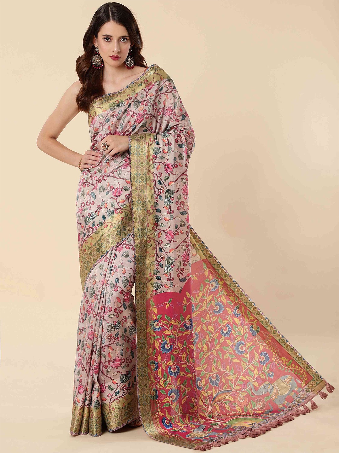 

elora Floral Printed Zari Bhagalpuri Saree, Pink