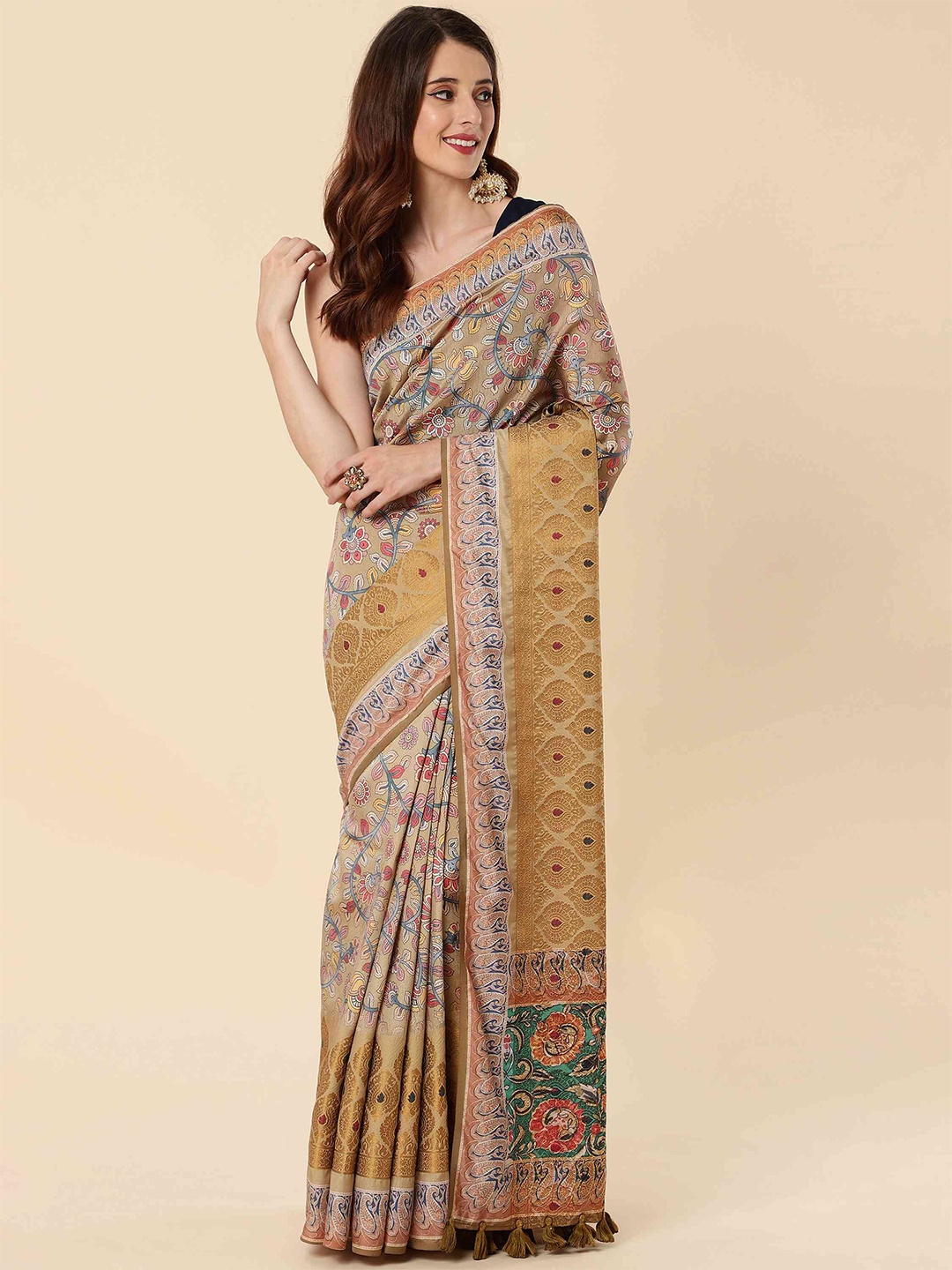 

elora Floral Printed Zari Bhagalpuri Saree, Cream