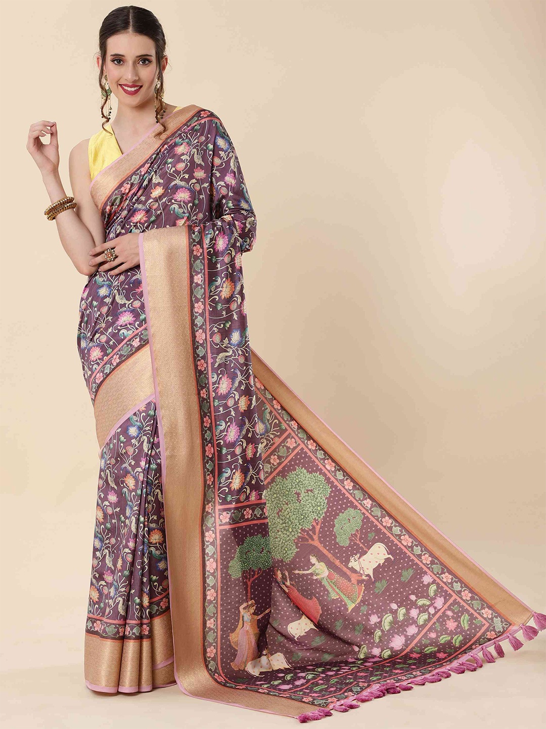 

elora Kalamkari Printed Zari Saree, Purple