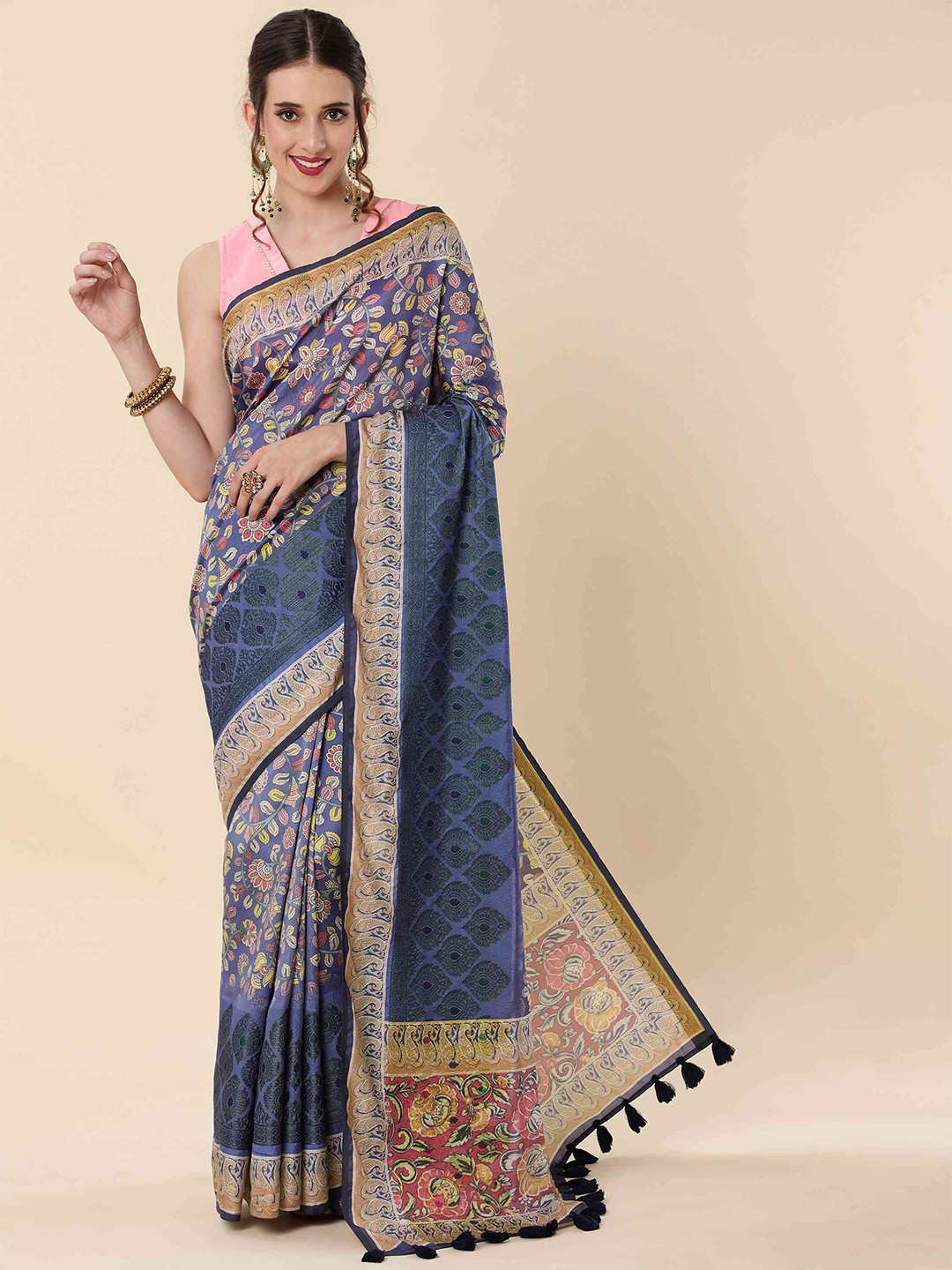 

elora Floral Printed Zari Bhagalpuri Saree, Blue