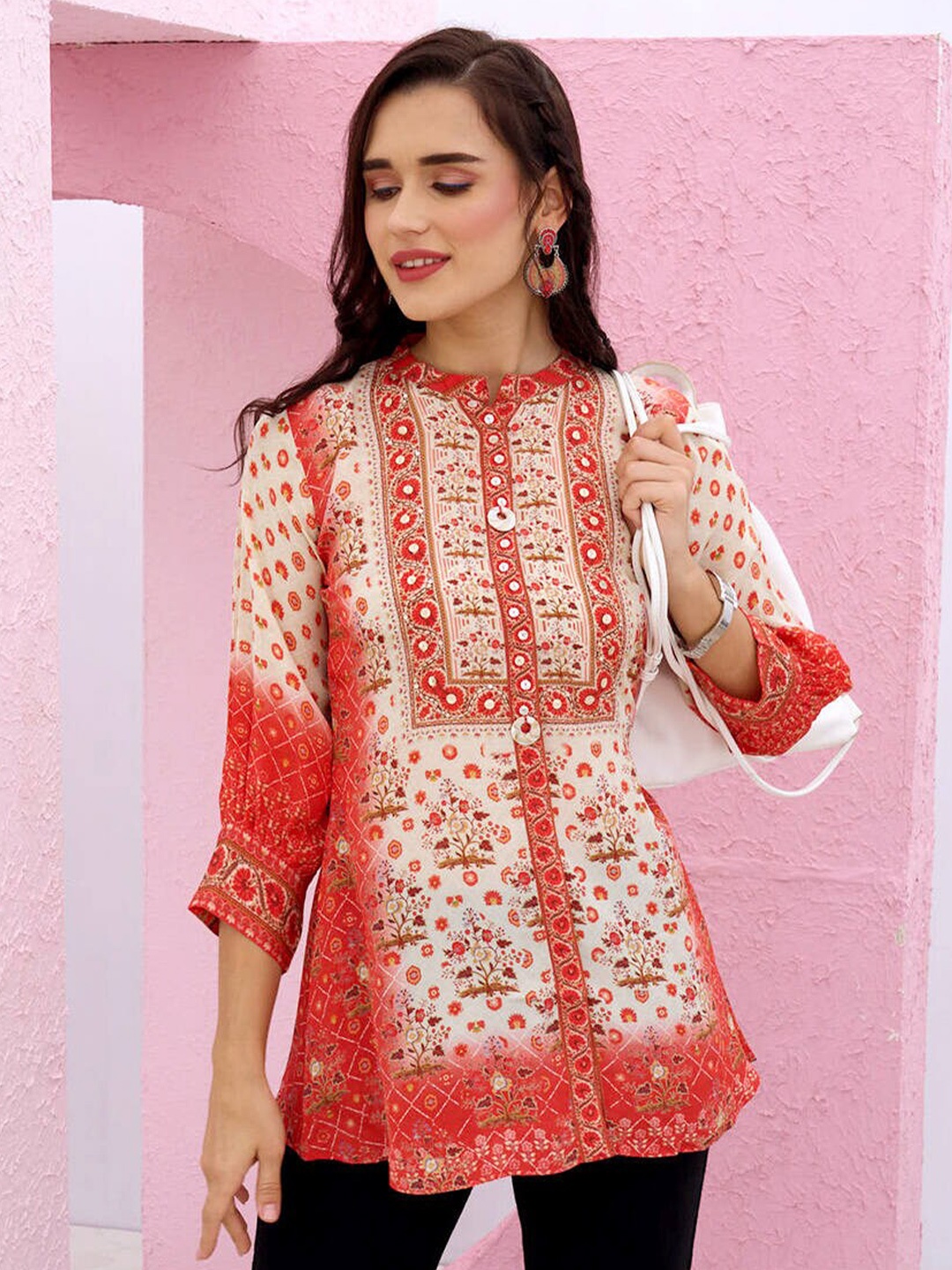 

ZOLA Orange & White Mandarin Collar Printed Tunic