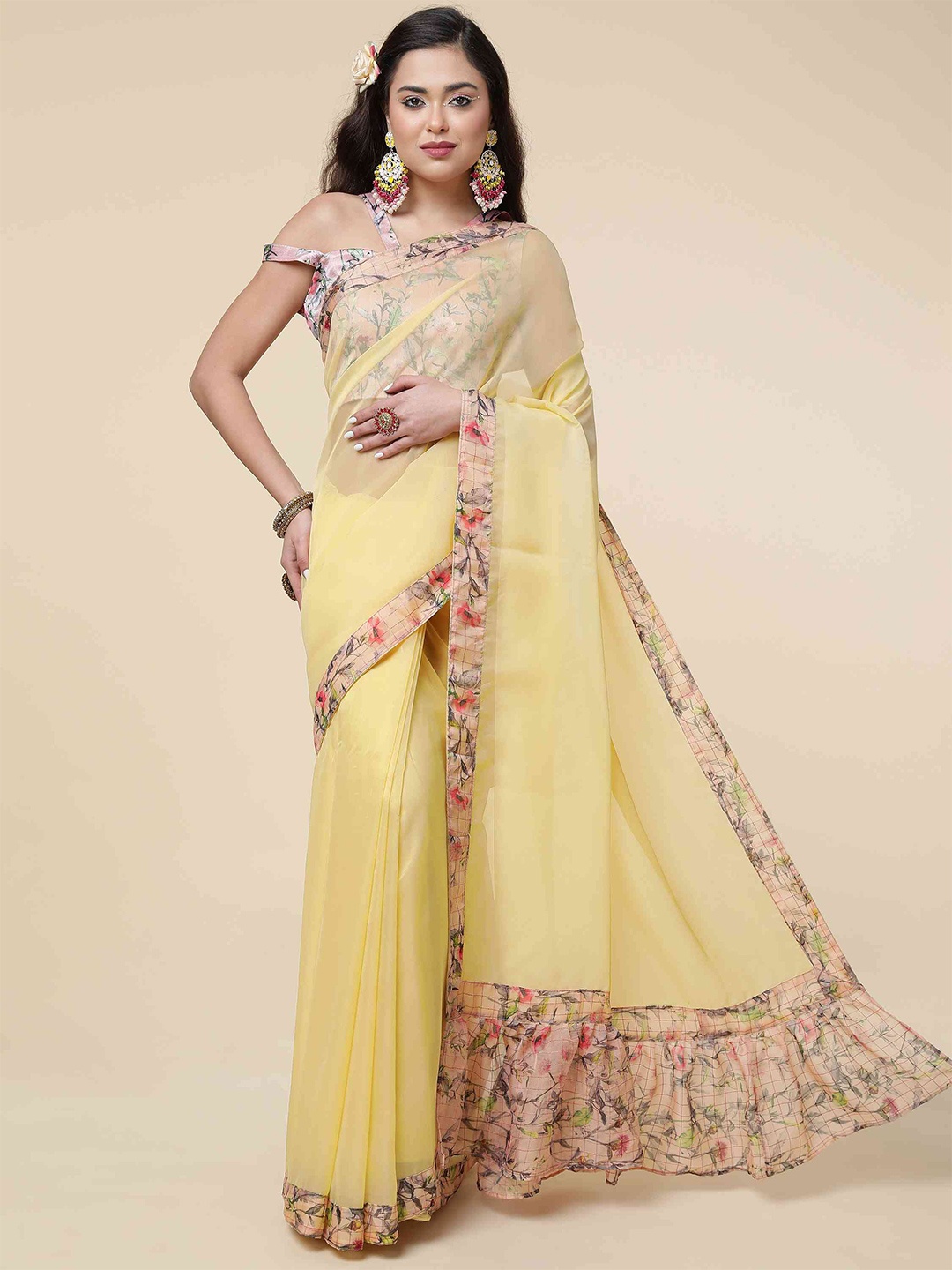 

elora Floral Printed Organza Saree, Yellow