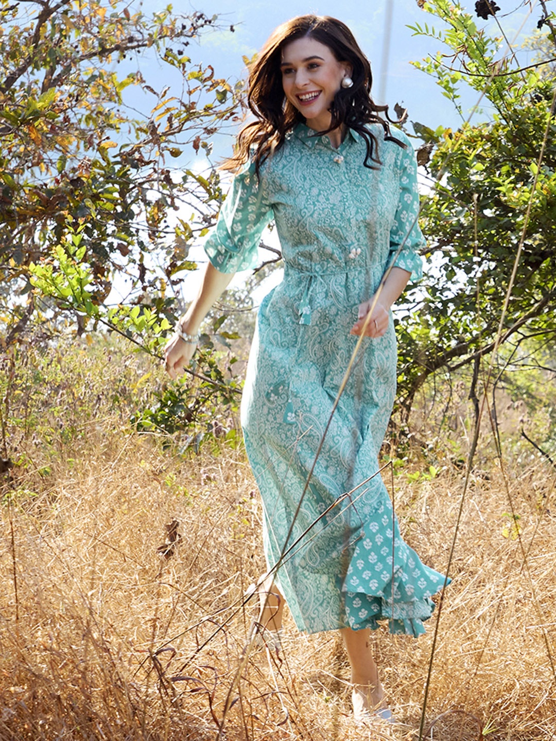 

ZOLA Ethnic Motifs Printed Cotton Ethnic Dress, Blue