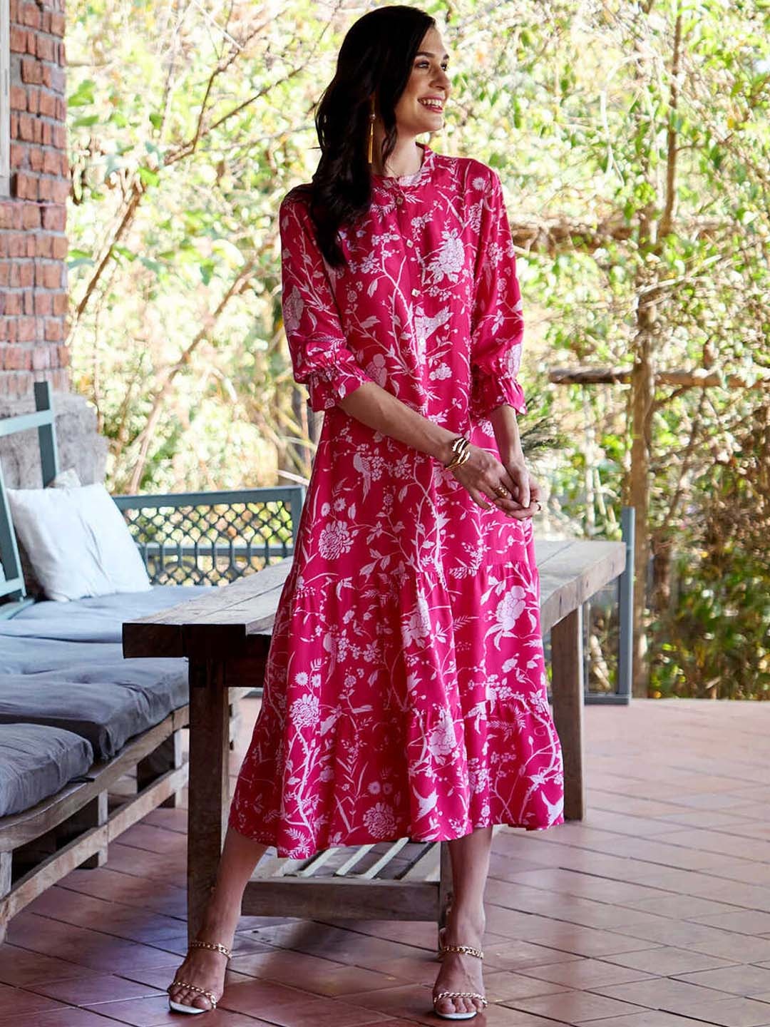 

ZOLA Ethnic Motifs Printed Mandarin Collar Ethnic Dress, Coral