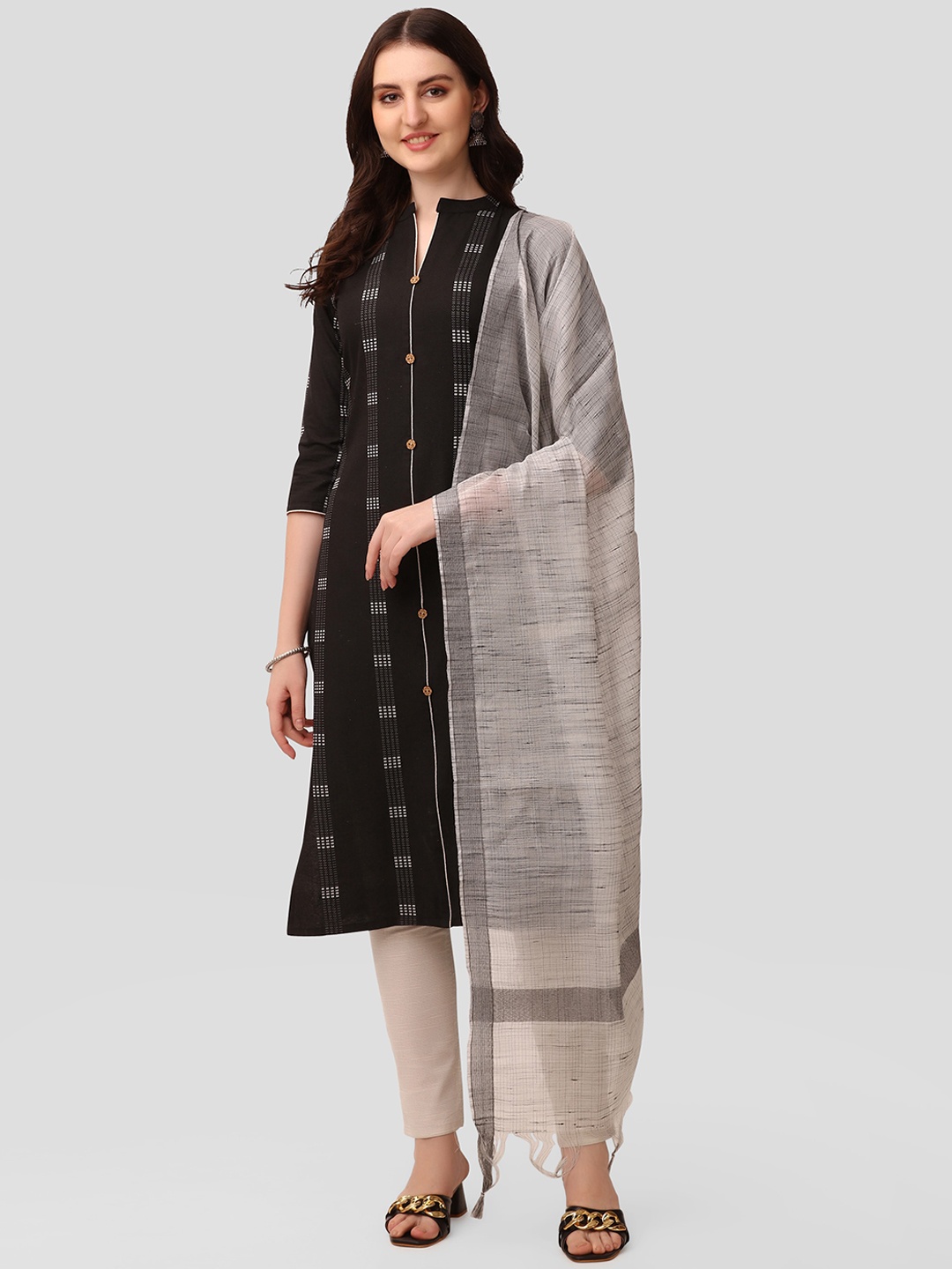 

Shiv Textiles Striped Regular Pure Cotton Kurta with Trousers & With Dupatta, Black