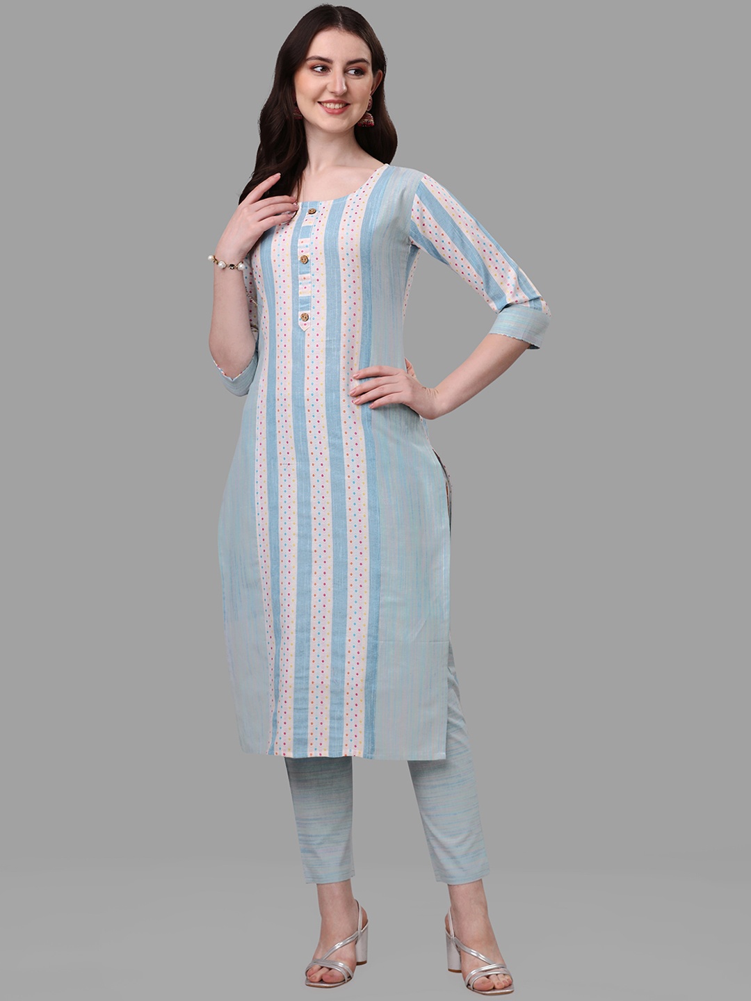 

Shiv Textiles Striped Regular Pure Cotton Kurta with Trousers & With Dupatta, Turquoise blue