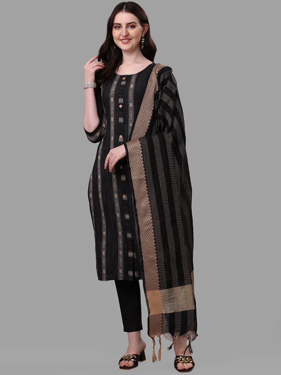 

Shiv Textiles Striped Regular Pure Cotton Kurta with Trousers & With Dupatta, Black