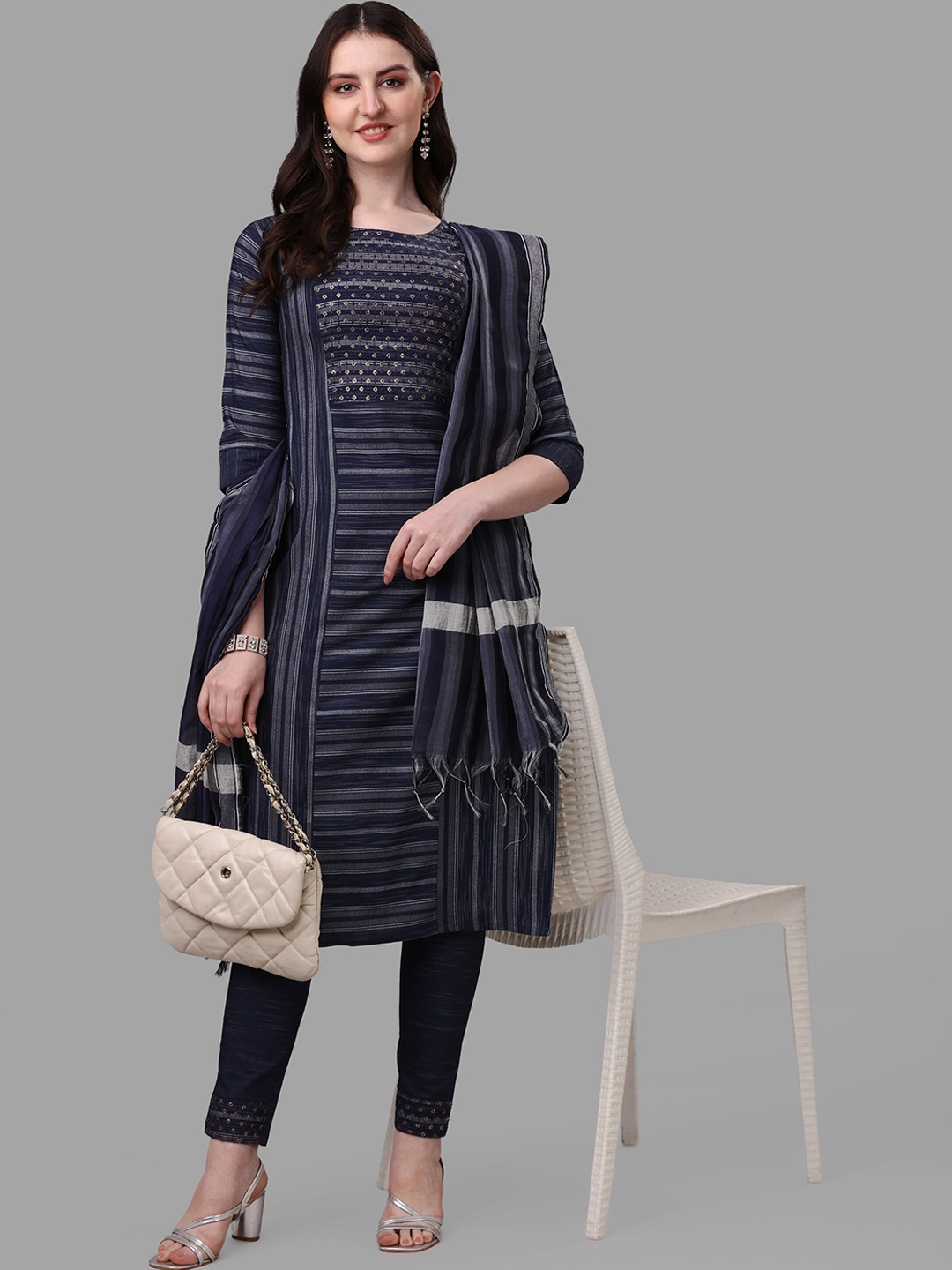 

Shiv Textiles Striped Pure Cotton Kurta With Trousers & Dupatta, Navy blue