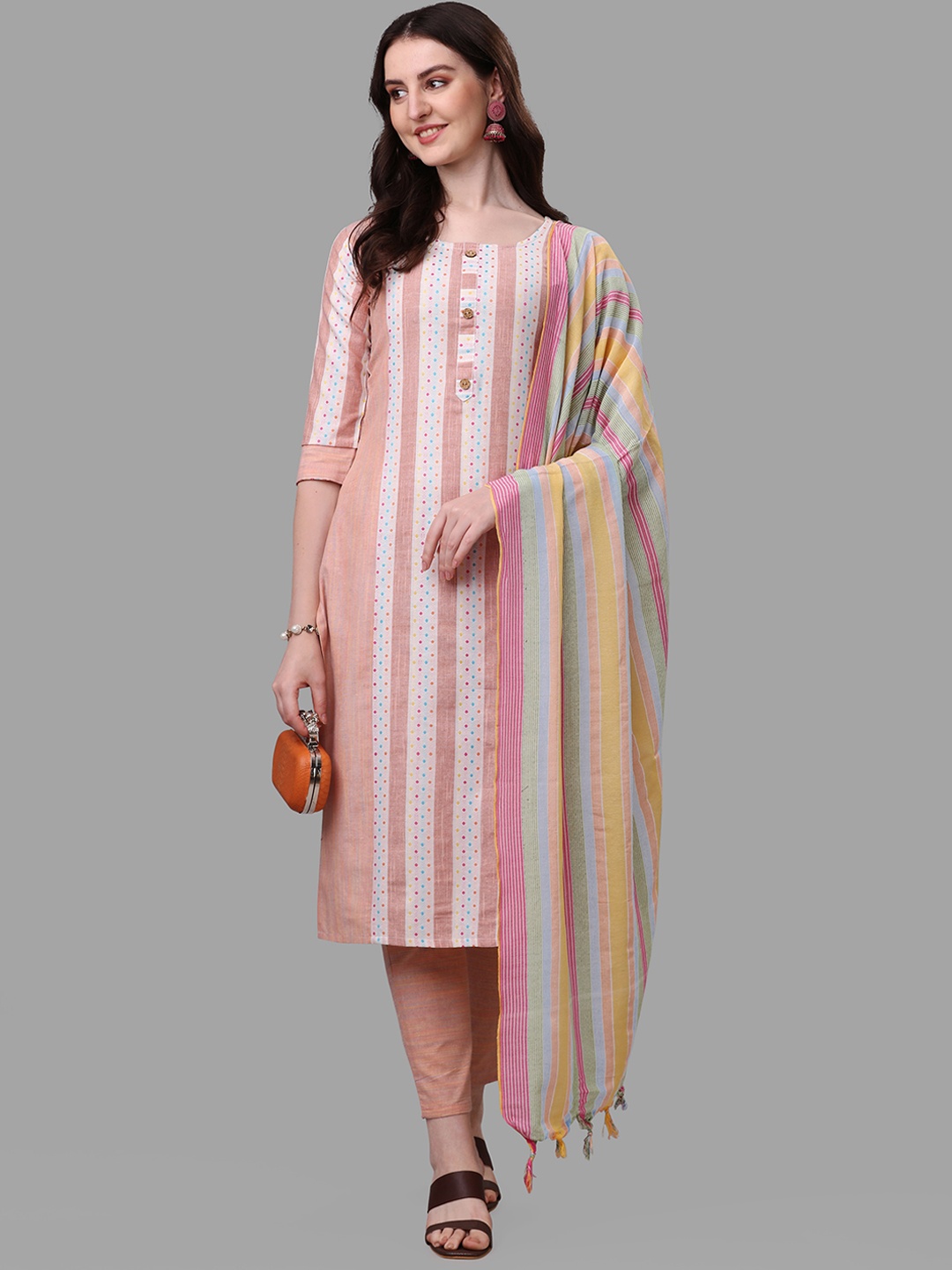 

Shiv Textiles Striped Regular Pure Cotton Kurta with Trousers & With Dupatta, Peach