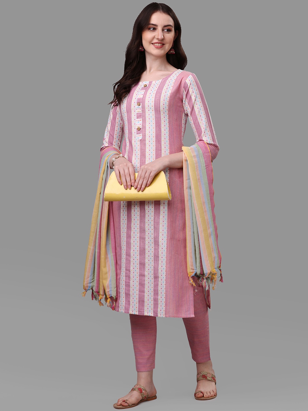 

Shiv Textiles Striped Regular Pure Cotton Kurta with Trousers & With Dupatta, Pink