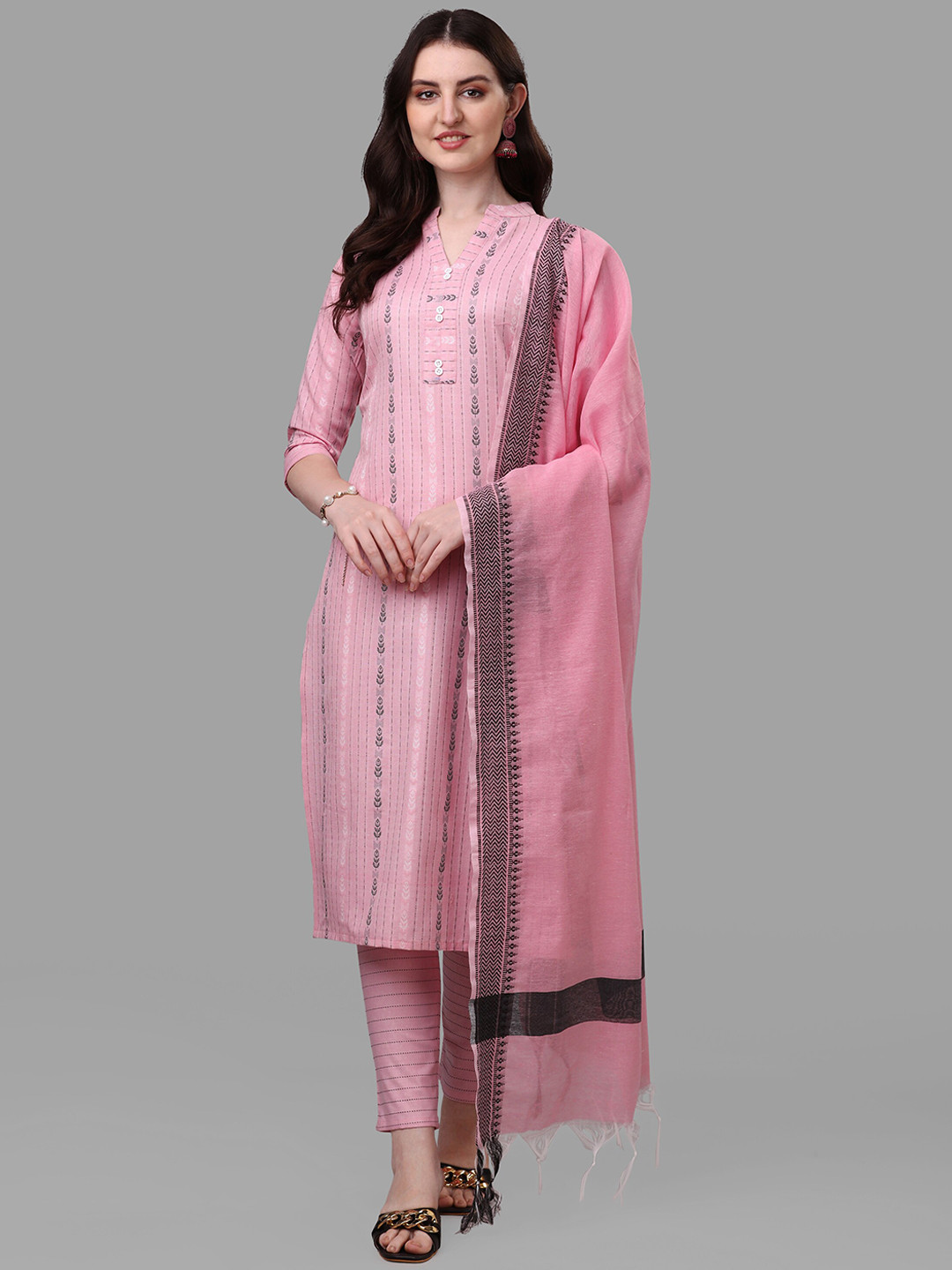 

Shiv Textiles Striped Pure Cotton Kurta With Trousers & Dupatta, Pink