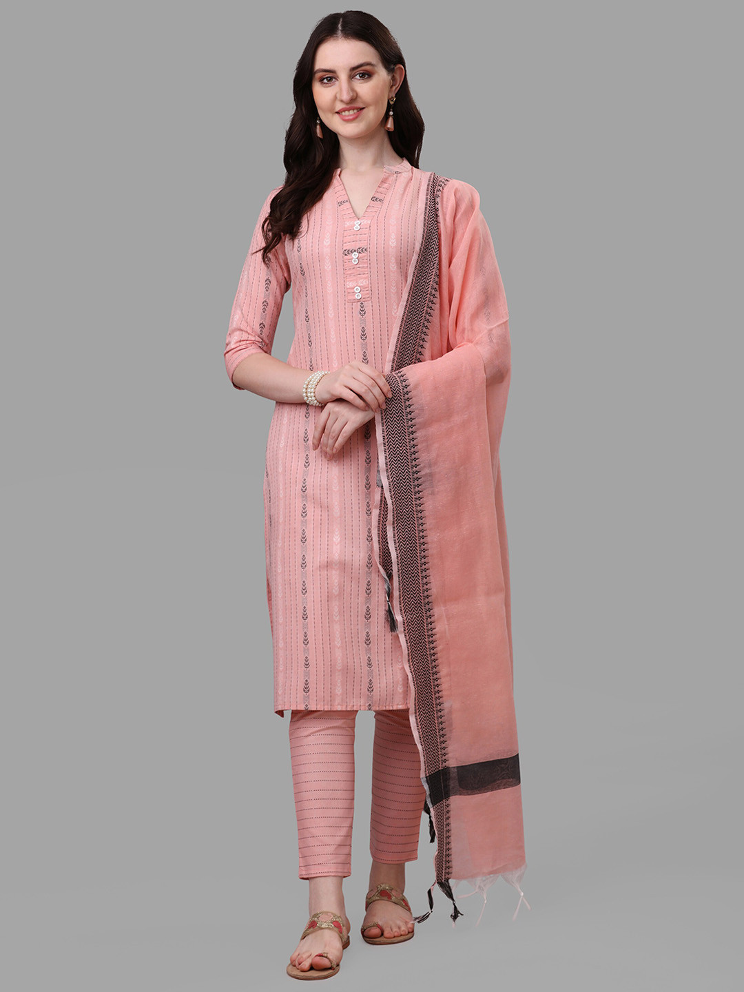 

Shiv Textiles Striped Regular Pure Cotton Kurta With Trousers & Dupatta, Peach