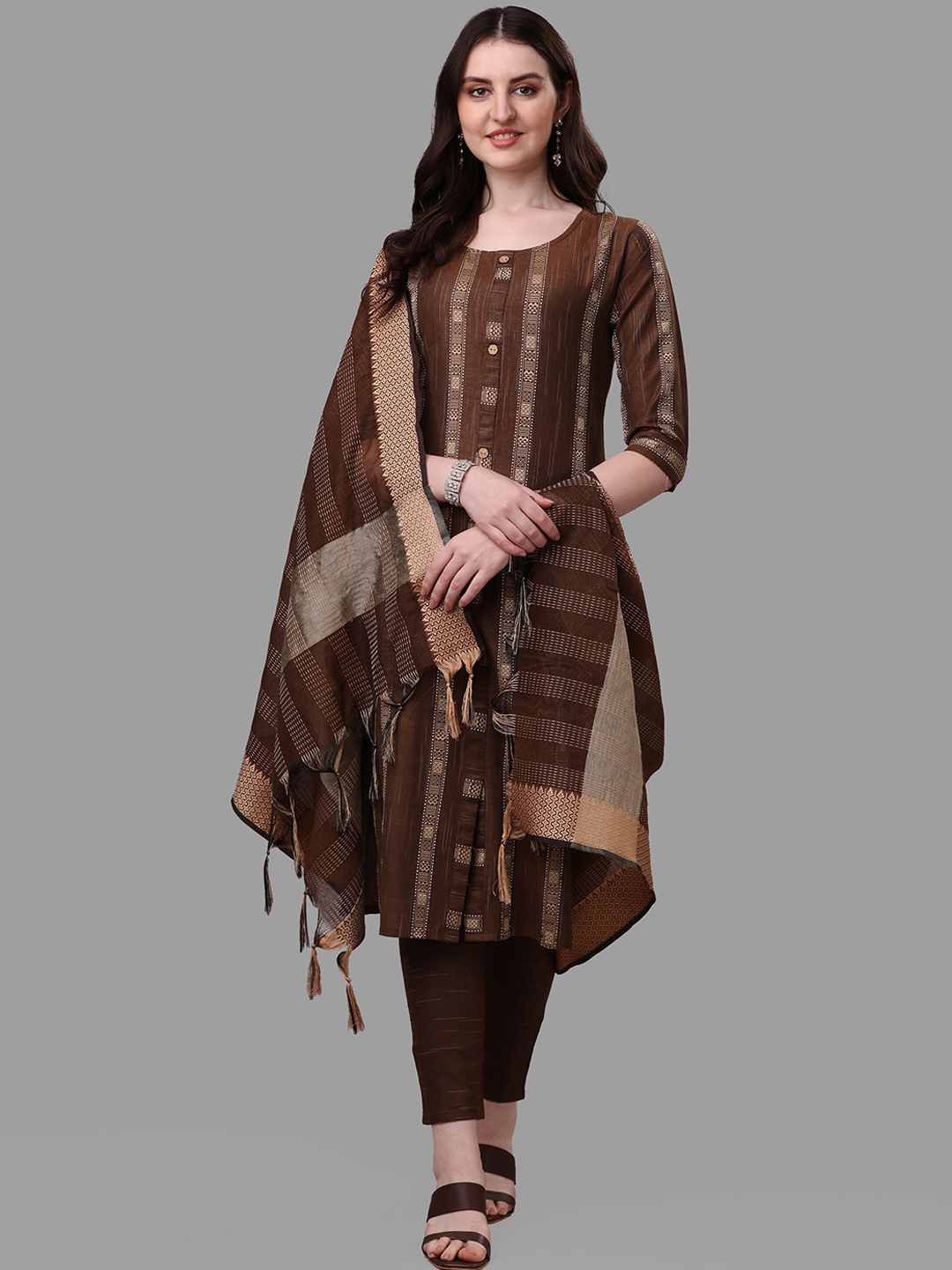 

Shiv Textiles Striped Pure Cotton Kurta With Trousers & Dupatta, Coffee brown