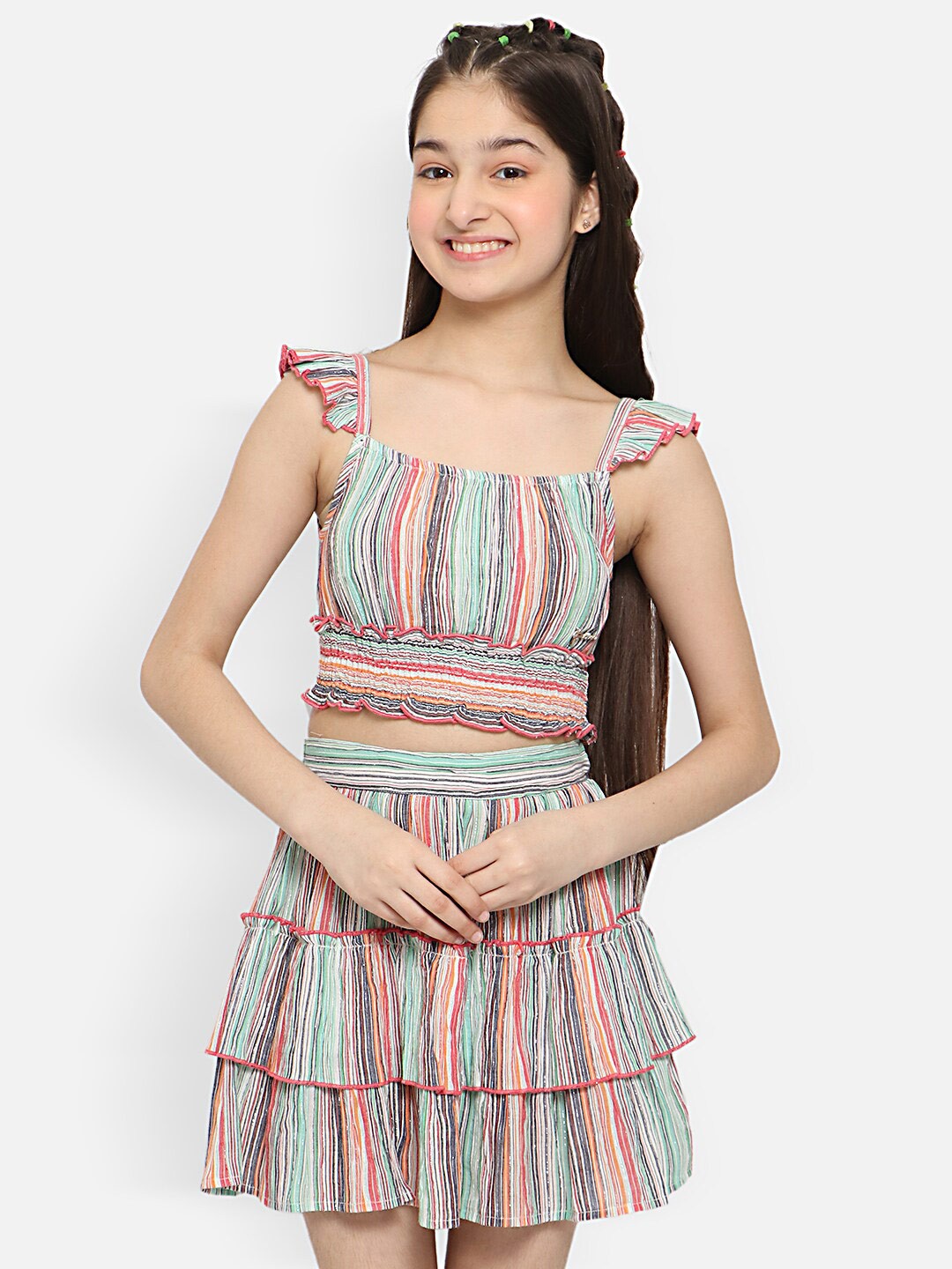 

Natilene Girls Striped Smocked Pure Cotton Top with Skirt, White