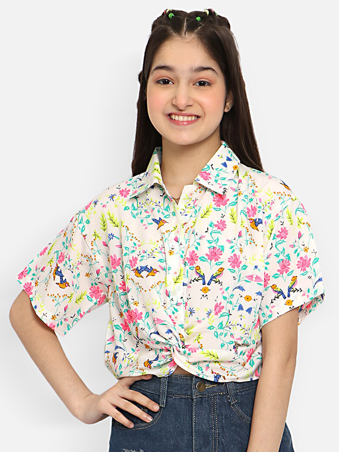 

Natilene Girls Floral Printed Twisted Shirt Style Crop Top, Off white