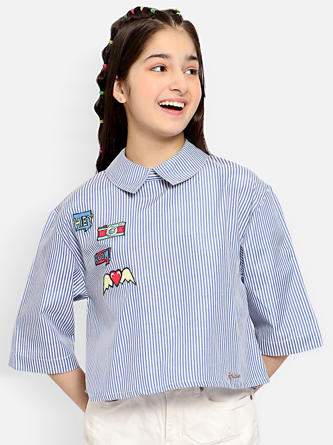 

Natilene Girls Striped Peter Pan Collar Applique Pure Cotton Crop Top, Blue
