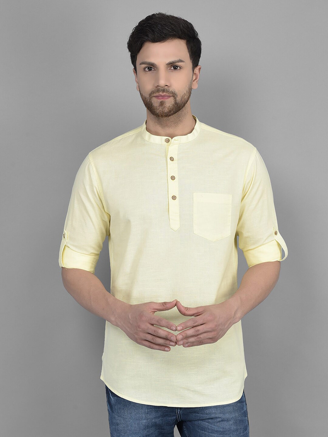 

Canary London Band Collar Roll-Up Sleeves Smart Slim Fit Cotton Linen Shirt, Yellow