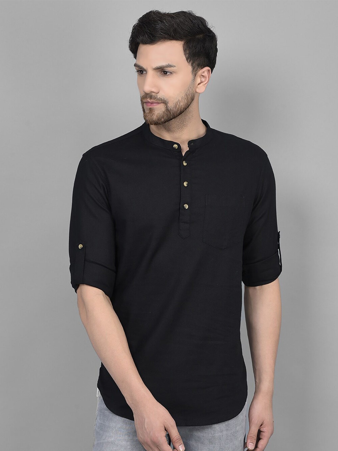 

Canary London Band Collar Roll-Up Sleeves Smart Slim Fit Cotton Shirt, Black