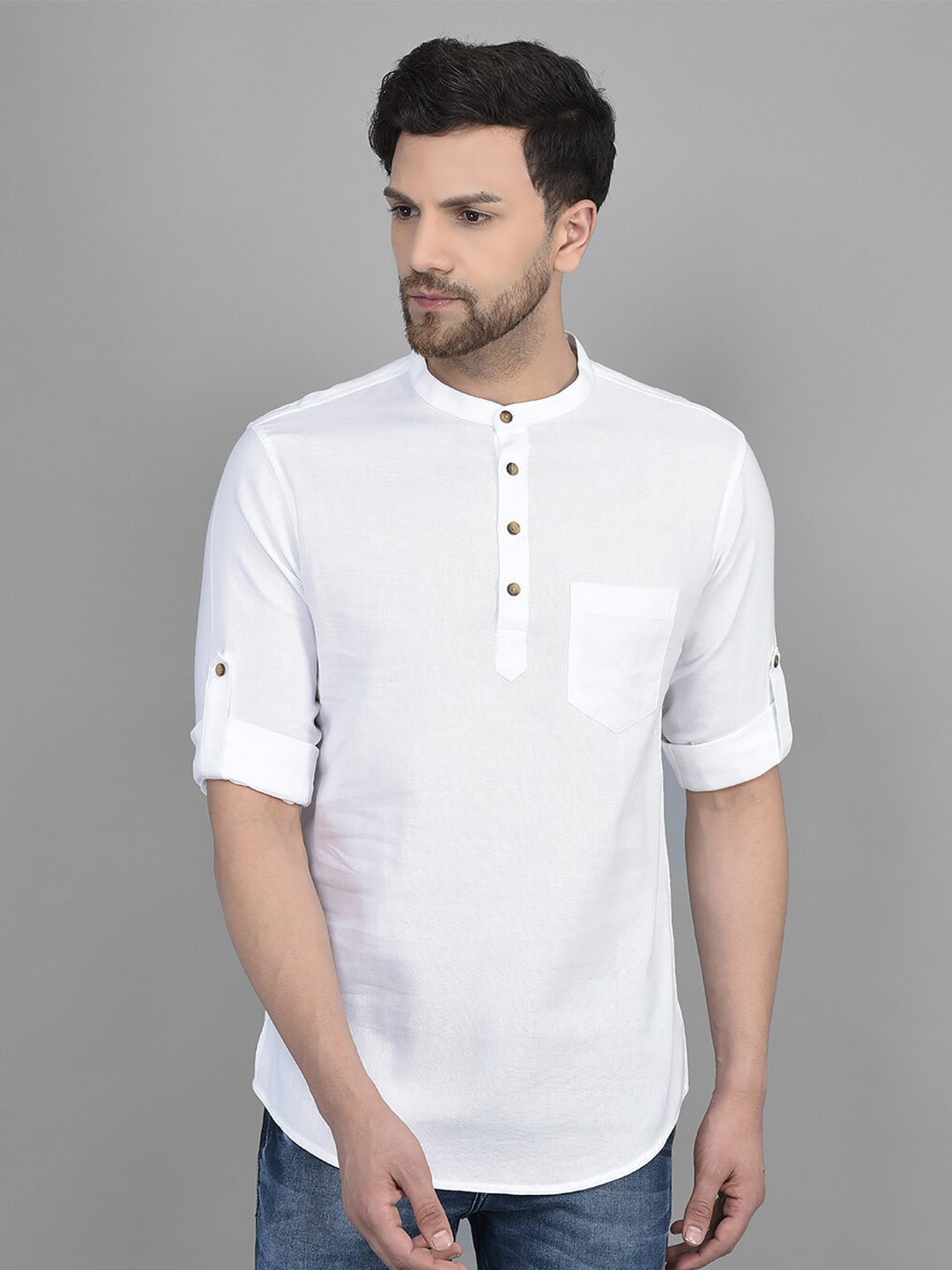 

Canary London Band Collar Roll-Up Sleeves Smart Slim Fit Cotton Shirt, White