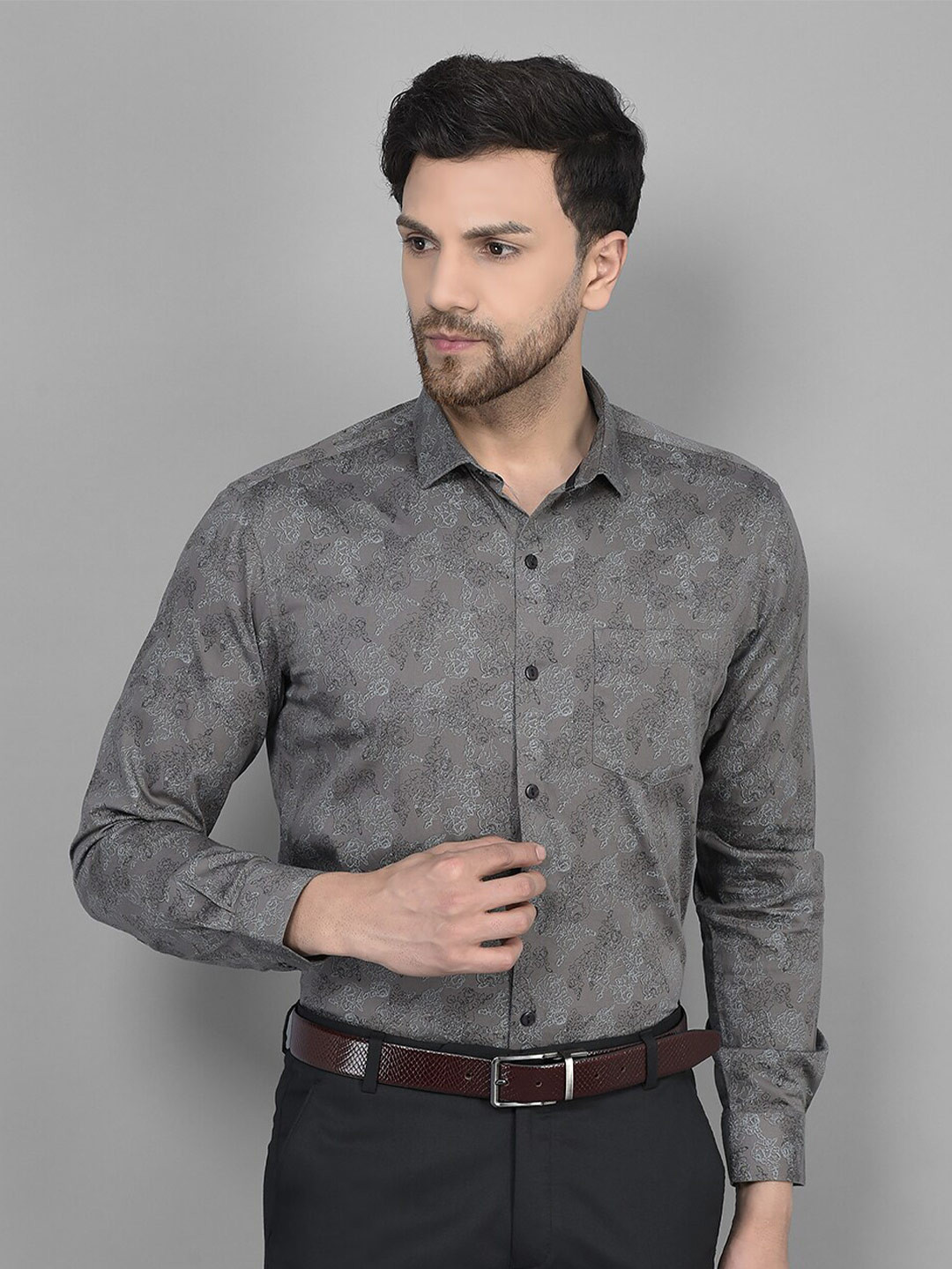 

Canary London Floral Printed Spread Collar Smart Cotton Formal Shirt, Grey