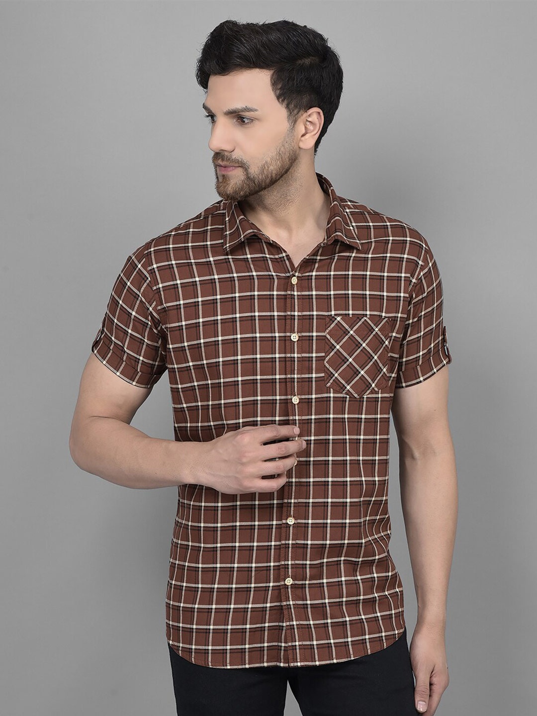 

Canary London Tartan Checked Smart Slim Fit Cotton Casual Shirt, Brown