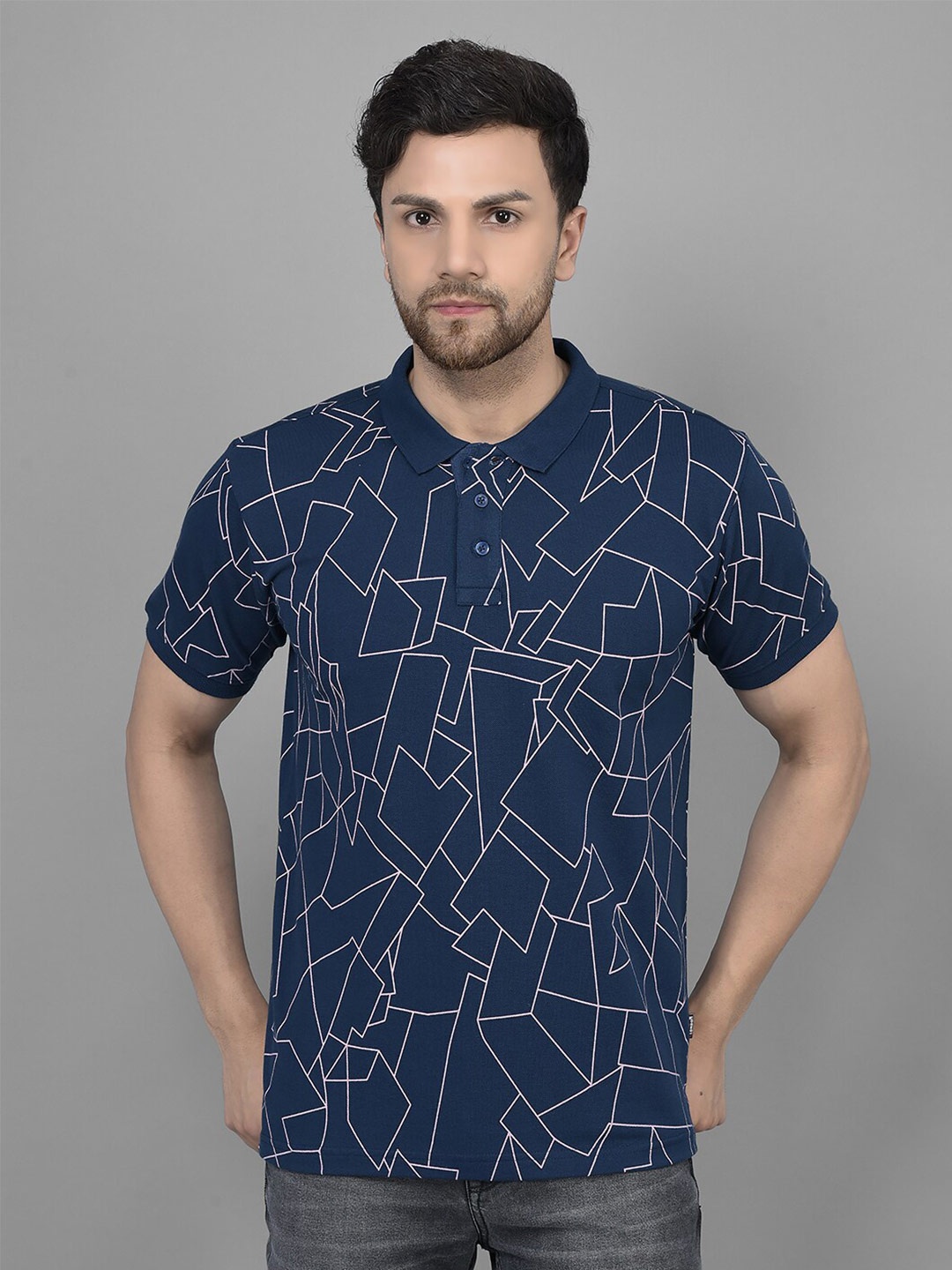 

Canary London Geometric Printed Slim Fit Cotton T-shirt, Navy blue