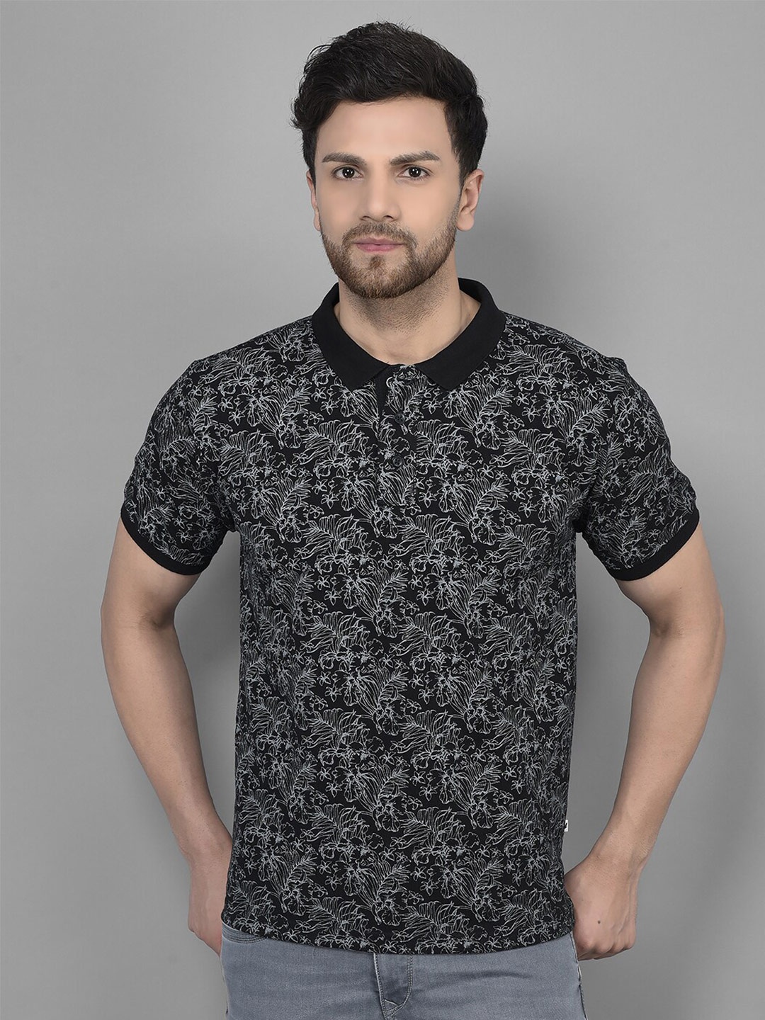 

Canary London Floral Printed Polo Collar Slim Fit Cotton T-shirt, Black