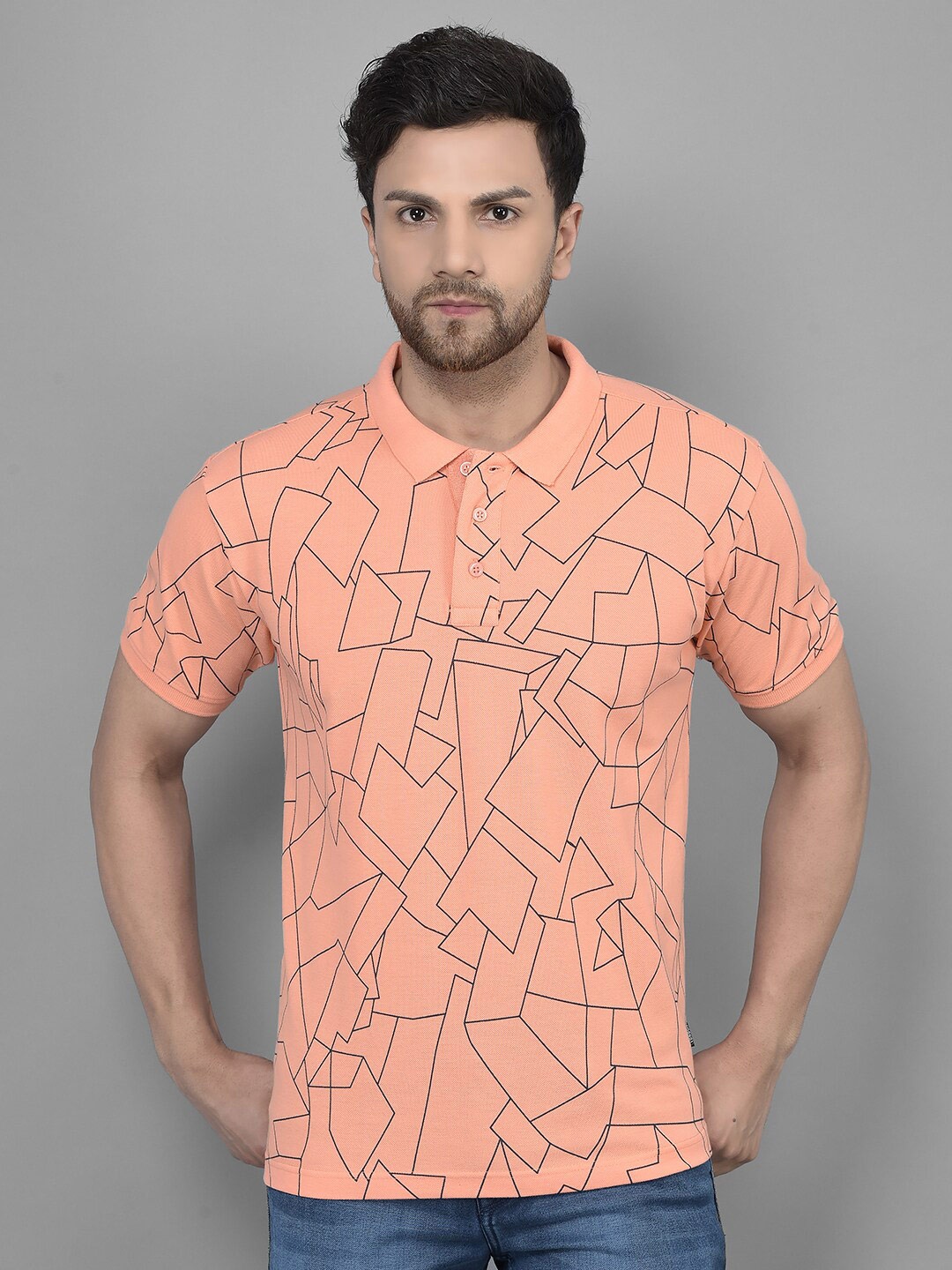 

Canary London Geometric Printed Polo Collar Slim Fit Cotton T-shirt, Peach