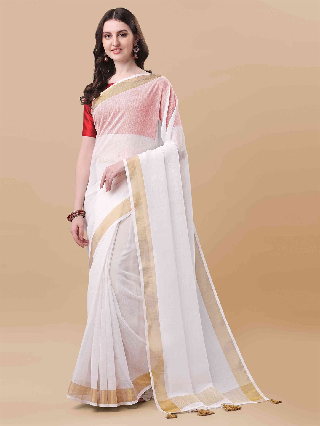 

elora Pure Linen Bandhani Zari Saree With Tassel, White